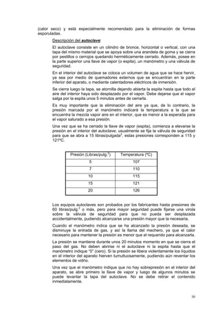 (calor seco) y está especialmente recomendado para la eliminación de formas
esporuladas.
      Descripción del autoclave:
      El autoclave consiste en un cilindro de bronce, horizontal o vertical, con una
      tapa del mismo material que se apoya sobre una arandela de goma y se cierra
      por pestillos o cerrojos quedando herméticamente cerrado. Además, posee en
      la parte superior una llave de vapor (o espita), un manómetro y una válvula de
      seguridad.
      En el interior del autoclave se coloca un volumen de agua que se hace hervir,
      ya sea por medio de quemadores externos que se encuentran en la parte
      inferior del aparato, o mediante calentadores eléctricos de inmersión.
      Se cierra luego la tapa, se atornilla dejando abierta la espita hasta que todo el
      aire del interior haya sido desplazado por el vapor. Debe dejarse que el vapor
      salga por la espita unos 5 minutos antes de cerrarla.
      Es muy importante que la eliminación del aire ya que, de lo contrario, la
      presión marcada por el manómetro indicará la temperatura a la que se
      encuentra la mezcla vapor aire en el interior, que es menor a la esperada para
      el vapor saturado a esa presión.
      Una vez que se ha cerrado la llave de vapor (espita), comienza a elevarse la
      presión en el interior del autoclave; usualmente se fija la válvula de seguridad
      para que se abra a 15 libras/pulgada2, estas presiones corresponden a 115 y
      121ºC.


                Presión (Libras/pulg.2)     Temperatura (ºC)
                          5                        107
                          7                        110
                          10                       115
                          15                       121
                          20                       126


      Los equipos autoclaves son probados por los fabricantes hasta presiones de
      60 libras/pulg.2 o más, pero para mayor seguridad puede fijarse una virola
      sobre la válvula de seguridad para que no pueda ser desplazada
      accidentalmente, pudiendo alcanzarse una presión mayor que la necesaria.
      Cuando el manómetro indica que se ha alcanzado la presión deseada, se
      disminuye la entrada de gas, y así la llama del mechero, ya que el calor
      necesario para mantener la presión es menor que el requerido para alcanzarla.
      La presión se mantiene durante unos 20 minutos momento en que se cierra el
      paso del gas. No deben abrirse ni el autoclave ni la espita hasta que el
      manómetro indique “0” (cero). Si la presión se libera violentamente los líquidos
      en el interior del aparato hierven tumultuosamente, pudiendo aún reventar los
      elementos de vidrio.
      Una vez que el manómetro indique que no hay sobrepresión en el interior del
      aparato, se abre primero la llave de vapor y luego de algunos minutos se
      puede levantar la tapa del autoclave. No se debe retirar el contenido
      inmediatamente.


                                                                                    30
 
