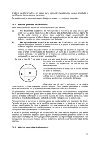 El objeto es obtener cultivos en estado puro, operación imprescindible y previa al estudio e
identificación de una especie bacteriana.
Se pueden realizar aislamientos por métodos generales y por métodos especiales.


7.6.1. Métodos generales de aislamiento.
Estos métodos utilizan medios de cultivos sólidos en caja de Petri.
a)         Por diluciones sucesivas: Se homogeneiza la muestra y se carga el ansa por
        única vez. Luego se pasa el ansa de un tubo a otro. Estos tubos contienen agar a 45
        ºC. De esta manera el primer tubo contendrá mayor concentración de
        microorganismos que el último. Luego se pasa el contenido de los tubos a las cajas
        de Petri y de allí a los tubos con agar en pico de flauta.
b)         Por agotamiento en superficie en una sola caja: Es el método más utilizado. Se
        prepara una caja de Petri con el medio de cultivo a la que se le elimina el exceso de
        humedad según se indicó anteriormente.
        Primero, se marca la parte exterior de la contratapa de acuerdo al esquema. Se
        carga el ansa con la muestra, se deposita en un punto de la superficie del sector (I)
        cercano al borde, y se extiende en el mismo con estrias próximas y paralelas. A
        continuación se quema el ansa y se deja enfriar.
     Se gira la caja 90 º, se pasa el ansa una vez sobre la última estría de la región ya
                                      inoculada y se arrastra al sector (II) efectuando sobre
                                      él la siembra sin superponer las estrías con las
                                      realizadas antes.
                                       Se quema nuevamente el ansa y de la misma manera
                                       se estría el sector (III).
                                       Luego de quemar el ansa, en el sector (IV) se realizan
                                       estrías con el material que se arrastra de (III), más
                                       amplias y que terminan en el centro de la caja.


                                      Cualquiera sea el método empleado, si se realiza
correctamente, podrán obtenerse colonias aisladas. Estas pueden pertenecer a distintas
especies bacterianas, las que generalmente se diferencian macroscópicamente.
En general cada colonia se considera formada a partir de una célula bacteriana, aunque esto
no es del todo cierto pues puede darse el caso de que dos o más células den origen a una
colonia. Si todas pertenecen a una misma especie, la colonia resultante será pura. Caso
contrario, la finalidad del trabajo no se habrá cumplido, no lográndose el aislamiento.
Para comprobar la pureza de la colonia aislada se puede realizar una coloración de Gram.
Para ello se pica la colonia y se la identifica con una marca en el fondo de la caja con un
número identificatorio. Se hace el extendido con una porción de la colonia y si todas las
células observadas coinciden morfológicamente, se repica el resto de la colonia en un tubo
con agar en estría para obtener un cultivo puro.
A veces la igualdad morfológica en la coloración de Gram resulta engañosa por existir
bacterias de diferentes especies (pero iguales morfológicamente) presentes dentro de la
colonia seleccionada pero en muy bajo número debido a su imposibilidad de desarrollar. Por
consiguiente es necesario realizar siempre aislamiento para observar la uniformidad de las
colonias.


7.6.2. Métodos especiales de aislamiento.


                                                                                          45
 