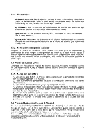 9.3.1. Procedimiento:

    a) Material necesario: Asa de siembra, mechero Bunsen, portaobjetos y cubreobjetos,
    placas de Petri estériles, solución salina estéril, microscopio, medio de cultivo Agar
    Sabouraud y un cultivo de levadura de una cepa conocida.

    b) Siembra: Llevar a cabo por el procedimiento de inocular una placa de agar
    Sabouraud a partir de un cultivo fresco de levaduras (24 a 48 hs).

    c) Incubación: Incubar en estufa entre 28 y 30º C durante 48 hs. Reincubar 24 horas
    más si fuese necesario.

    d) Lectura de resultados: Ver el aspecto de las colonias y comparar con una tabla que
    contiene las características macroscópicas de la colonia de levadura y la especie que
    corresponde.

9.3.2. Morfología microscópica de levaduras :
Preparar un cultivo de levaduras sobre medios adecuados para la esporulación y
germinación de estos hongos, la incorporación de Tween 80 a éstos medios reduce la
tensión superficial y favorece la germinación, filamentización y esporulación de las levaduras.
Los cultivos van cubiertos con un cubreobjetos, para facilitar la observación posterior al
microscopio.

9.4. Análisis de Muestras Clínica
Ante todo debe realizarse un raspado de escamas cutáneas. Una parte de esta se examina
en una preparación de KOH y el resto se siembra o cultiva en un tubo inclinado de agar de
Sabouraud.

9.4.1. Montaje con KOH al 10 %
  1.- Colocar una gota de KOH al 10% que contiene glicerina en un portaobjeto mezclándolo
  con una pequeña porción de la muestra.
  2.- Pasar suavemente el portaobjeto a través de la llama baja de un mechero para facilitar
  el aclaramiento.
  3.- Colocar una lámina cubreobjeto y dejar reposar por 30 minutos.
  4.- Examinar microscópicamente en busca de hifas u otras estructuras micóticas. Luego de
  la recolección apropiada, las muestras deben de colocarse en los medios de transporte
  estériles, debidamente rotulados.
  5.- En caso de no realizar la siembra en el medio de cultivo, estos no deben demorarse en
  llegar al laboratorio para así asegurar el crecimiento del hongo. Para la identificación de
  Candida, por ejemplo el método más usado y económico es la prueba del tubo
  germinativo.

9.5. Prueba del tubo germinativo (para C. Albicans)
Hacer una suspensión ligera (100.000 a 1.000.000 de células/ml) de un cultivo de 24 hs. De
la cepa en estudio, en 0.5 ml de suero bovino. La suspensión puede hacerse tocando la
superficie de una colonia con la punta de una pipeta Pasteur estéril y luego emulsionando
suavemente las células adheridas a la pipeta, en el suero.
Incubar a 37º y observar microscópicamente cada media hora, hasta las tres horas. Es
necesario inocular simultáneamente un testigo positivo ( C. Albicans) y uno negativo ( C.
Guillermondii u otra)




                                                                                            58
 