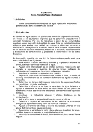 Capitulo 11:
                     Reino Protista (Algas y Protozoos)

11.1 Objetivo

−      Tomar conocimiento del manejo de las algas y protozoos importantes
    para la salud o como indicadores de calidad.


11.2 Introducción

La calidad del agua afecta a las poblaciones nativas de organismos acuáticos,
en cuanto a su abundancia, especies que la componen, productividad y
condición fisiológica. Por ello, la naturaleza y salud de las comunidades
acuáticas son un expresión de la calidad del agua. Entre los métodos biológicos
utilizados para evaluar esa calidad, se incluyen la obtención, recuento e
identificación de organismos acuáticos; medida de la biomasa; determinación
de las tasas de actividad metabólica; medida de la toxicidad, bioconcentración
y bioacúmulo de contaminantes y procesado e interpretación de los datos
biológicos.

La información obtenida con este tipo de determinaciones puede servir para
uno o más de los fines siguientes:
1.      Para explicar la causa del color y turbidez, y la presencia molesta de
    olores, sabores y partículas visibles en el agua.
2.      Ayudar en la interpretación de los análisis químicos, relacionando, por
    ejemplo, la presencia o ausencia de algunas formas biológicas de
    deficiencia o sobresaturación de oxígeno en las aguas naturales.
3.      Identificar la fuente de un agua mezclada con otra.
4.      Explicar la obstrucción de conducciones, mallas o filtros, y ayudar al
    diseño y funcionamiento de las plantas de tratamiento de aguas naturales y
    residuales.
5.      Determinar los tiempos óptimos para tratamiento de aguas superficiales
    con alguicidas y controlar su eficacia.
6.      Determinar la eficacia de las fases de tratamiento del agua de bebida y
    ayudar a determinar la dosis eficaz de cloro dentro de una planta de
    tratamiento, ya que esa dosis está relacionada con los materiales orgánicos
    del agua.
7.      Identificar      la naturaleza, alcance y efectos biológicos de la
    contaminación.
8.      Indicar el curso de la autopurificación en las masas acuáticas.
9.      Colaborar a explicar el mecanismo de los métodos de tratamiento
    biológico de aguas residuales y servir de índice de su eficacia.
10.     Ayudar a determinar el estado y eficacia de procesos unitarios en una
    planta de tratamiento de aguas residuales.
11.     Documentar la variabilidad a corto y largo plazo de la calidad del agua,
    debida a fenómenos naturales y/ o actividades humanas.
12.     Proporcionar datos sobre el estado de un sistema acuático de una forma
    regular.


                                                                              67
 
