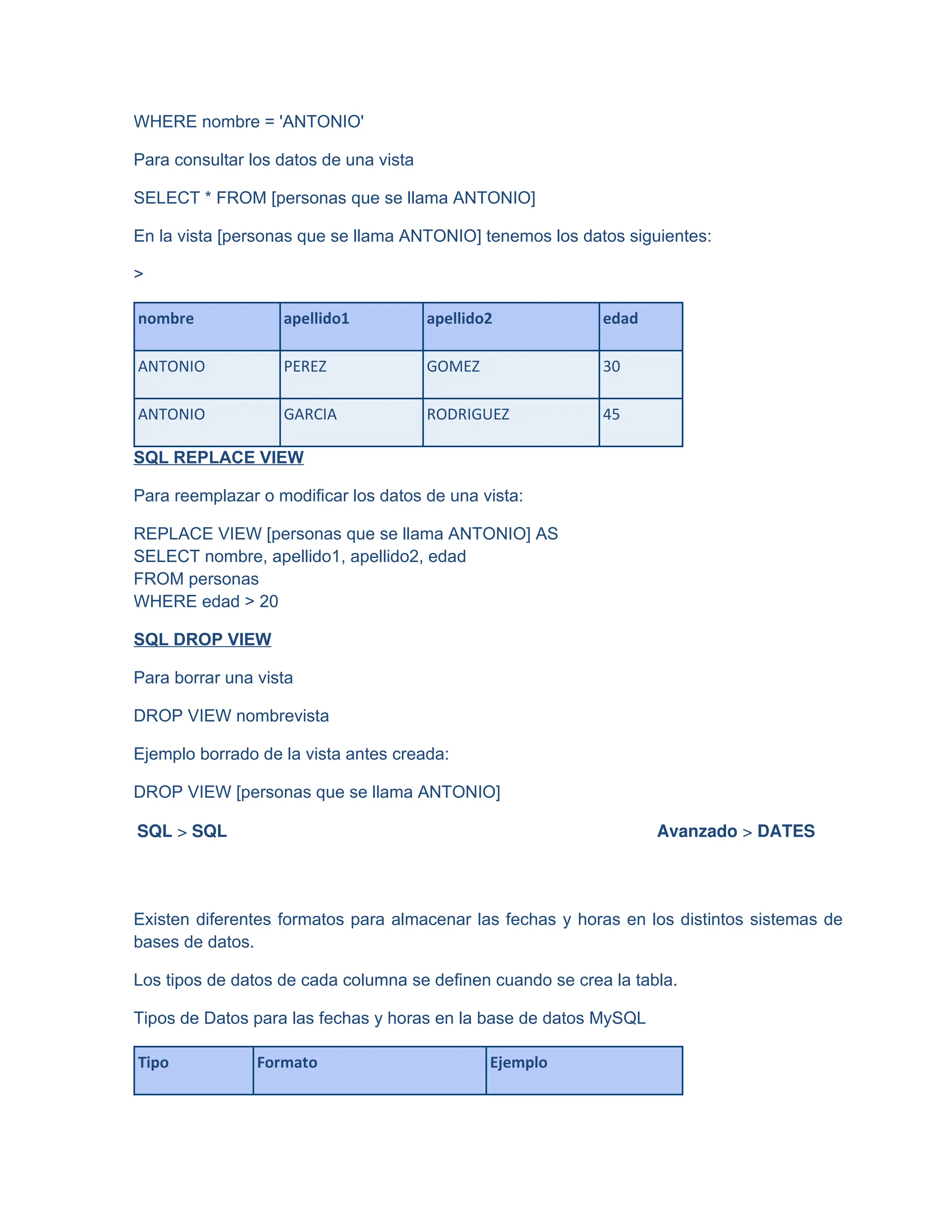 WHERE nombre = 'ANTONIO'
Para consultar los datos de una vista
SELECT * FROM [personas que se llama ANTONIO]
En la vista [personas que se llama ANTONIO] tenemos los datos siguientes:
>
nombre apellido1 apellido2 edad
ANTONIO PEREZ GOMEZ 30
ANTONIO GARCIA RODRIGUEZ 45
SQL REPLACE VIEW
Para reemplazar o modificar los datos de una vista:
REPLACE VIEW [personas que se llama ANTONIO] AS
SELECT nombre, apellido1, apellido2, edad
FROM personas
WHERE edad > 20
SQL DROP VIEW
Para borrar una vista
DROP VIEW nombrevista
Ejemplo borrado de la vista antes creada:
DROP VIEW [personas que se llama ANTONIO]
SQL > SQL Avanzado > DATES
Existen diferentes formatos para almacenar las fechas y horas en los distintos sistemas de
bases de datos.
Los tipos de datos de cada columna se definen cuando se crea la tabla.
Tipos de Datos para las fechas y horas en la base de datos MySQL
Tipo Formato Ejemplo
 