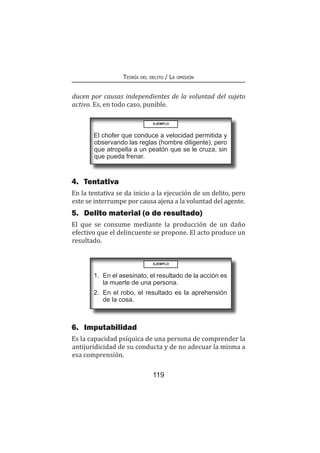 119
Teoría del delito / La omisión
ducen por causas independientes de la voluntad del sujeto
activo. Es, en todo caso, punible.
EJEMPLO
El chofer que conduce a velocidad permitida y
observando las reglas (hombre diligente), pero
que atropella a un peatón que se le cruza, sin
que pueda frenar.
4.	Tentativa
En la tentativa se da inicio a la ejecución de un delito, pero
este se interrumpe por causa ajena a la voluntad del agente.
5.	 Delito material (o de resultado)
El que se consume mediante la producción de un daño
efectivo que el delincuente se propone. El acto produce un
resultado.
EJEMPLO
1.	 En el asesinato, el resultado de la acción es
la muerte de una persona.
2.	 En el robo, el resultado es la aprehensión
de la cosa.
6.	Imputabilidad
Es la capacidad psíquica de una persona de comprender la
antijuridicidad de su conducta y de no adecuar la misma a
esa comprensión.
 
