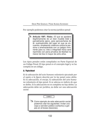 132
Oscar Peña Gonzáles / Frank Almanza Altamirano
Por ejemplo podemos citar la norma jurídico-penal:
	 Artículo 188º.- Robo.- El que se apodera
ilegítimamente de un bien mueble total o
parcialmente ajeno, para aprovecharse de
él, sustrayéndolo del lugar en que se en-
cuentra, empleando violencia contra la per-
sona o amenazándola con un peligro inmi-
nente para su vida o integridad física será
reprimido con pena privativa de libertad no
menor de tres ni mayor de ocho años.
EJEMPLO
Como ejemplo de esta adecuación social
podemos citar los siguientes: invitar una
copa a servidor público (cohecho) o gol-
pes en el boxeo (lesiones).
Los tipos penales están compilados en Parte Especial de
un Código Penal. El tipo penal es el concepto legal y se las
compila en un código.
2. Tipicidad
Es la adecuación del acto humano voluntario ejecutado por
el sujeto a la figura descrita por la ley penal como delito.
Es la adecuación, el encaje, la subsunción del acto huma-
no voluntario al tipo penal. Si se adecua es indicio de que
es delito. Si la adecuación no es completa no hay delito. La
adecuación debe ser jurídica, no debe ser una adecuación
social.
 