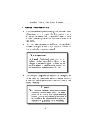 136
Oscar Peña Gonzáles / Frank Almanza Altamirano
b.	 Función fundamentadora
•	 Fundamenta la responsabilidad penal en sentido am-
plio, porque tanto la imposición de una pena como la
aplicación de una medida de seguridad requieren que
el sujeto activo haya realizado una acción adecuada al
tipo penal.
•	 Una conducta no puede ser calificada como delictiva
mientras el legislador no la haya descrito previamen-
te y conminado con sanción penal.
	 Código Penal:
Artículo II.- Nadie será sancionado por un
acto no previsto como delito o falta por la ley
vigente al momento de su comisión, ni so-
metido a pena o medida de seguridad que
no se encuentren establecidas en ella.
•	 Los tipos penales permiten diferenciar una figura pe-
nal de otra, por semejante que parezca, en aspectos
atinentes a sus elementos constitutivos (sujetos, con-
ducta, objetos).
EJEMPLO
El peculado y el hurto constituyen formas
ilícitas de adquirir cosa ajena. Se distin-
guen por la calidad del sujeto (servidor
público y cualquier persona) y respecto a
la naturaleza del objeto material de la ac-
ción (bienes públicos y cosas muebles).
 