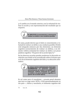 162
Oscar Peña Gonzáles / Frank Almanza Altamirano
y el cambio en el mundo exterior, con la voluntad de rea-
lizar la acción y con representación del resultado que se
requiere.
En suma, puede decirse que el dolo es conocimiento y vo-
luntad de realizar un delito o una conducta punible. El dolo
está integrado entonces por dos elementos: un elemento
cognitivo (conocimiento de realizar un delito), y un ele-
mento volitivo (voluntad de realizar un delito o en pocas
palabras significa: “El querer de la acción típica”).73
En las diversas escuelas penales modernas la discusión en
relación con el dolo se ha escenificado sobre el alcance que
se le da al elemento cognitivo del dolo y su ubicación siste-
mática.
Es así como para el causalismo —escuela penal alemana
que tuvo su auge entre 1870 y 1930 aproximadamente en
ese país—, clásico y neoclásico, el elemento cognitivo del
73	 	 Loc. cit.
RECUERDA
EL DOLO ES el conocimiento y voluntad de
realizar un delito o una conducta punible.
RECUERDA
EL DOLO ESTÁ INTEGRADO POR DOS
ELEMENTOS: un elemento cognitivo
(conocimiento de realizar un delito), y un
elemento volitivo (voluntad de realizar
un delito o en pocas palabras significa: el
querer de la acción típica).
 