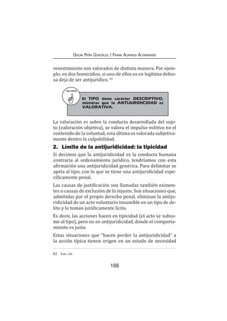 188
Oscar Peña Gonzáles / Frank Almanza Altamirano
revestimiento son valorados de distinta manera. Por ejem-
plo, en dos homicidios, si uno de ellos es en legítima defen-
sa deja de ser antijurídico. 82
La valoración es sobre la conducta desarrollada del suje-
to (valoración objetiva), se valora el impulso volitivo no el
contenido de la voluntad, esta última es valorada subjetiva-
mente dentro la culpabilidad.
2.	 Límite de la antijuridicidad: la tipicidad
Si decimos que la antijuridicidad es la conducta humana
contraria al ordenamiento jurídico, tendríamos con esta
afirmación una antijuridicidad genérica. Para delimitar se
apela al tipo, con lo que se tiene una antijuridicidad espe-
cíficamente penal.
Las causas de justificación son llamadas también eximen-
tes o causas de exclusión de lo injusto. Son situaciones que,
admitidas por el propio derecho penal, eliminan la antiju-
ridicidad de un acto voluntario insumible en un tipo de de-
lito y lo toman jurídicamente lícito.
Es decir, las acciones hacen en tipicidad (el acto se subsu-
me al tipo), pero no en antijuridicidad, donde el comporta-
miento es justo.
Estas situaciones que “hacen perder la antijuridicidad” a
la acción típica tienen origen en un estado de necesidad
82	 Loc. cit.
RECUERDA
El TIPO tiene carácter DESCRIPTIVO,
mientras que la ANTIJURIDICIDAD es
VALORATIVA.
 