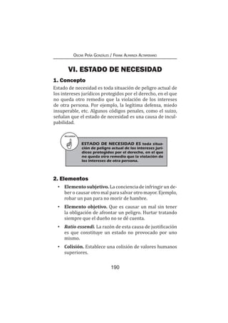 190
Oscar Peña Gonzáles / Frank Almanza Altamirano
VI. ESTADO DE NECESIDAD
1. Concepto
Estado de necesidad es toda situación de peligro actual de
los intereses jurídicos protegidos por el derecho, en el que
no queda otro remedio que la violación de los intereses
de otra persona. Por ejemplo, la legítima defensa, miedo
insuperable, etc. Algunos códigos penales, como el suizo,
señalan que el estado de necesidad es una causa de incul-
pabilidad.
RECUERDA
ESTADO DE NECESIDAD ES toda situa-
ción de peligro actual de los intereses jurí-
dicos protegidos por el derecho, en el que
no queda otro remedio que la violación de
los intereses de otra persona.
2. Elementos
•	 Elemento subjetivo. La conciencia de infringir un de-
ber o causar otro mal para salvar otro mayor. Ejemplo,
robar un pan para no morir de hambre.
•	 Elemento objetivo. Que es causar un mal sin tener
la obligación de afrontar un peligro. Hurtar tratando
siempre que el dueño no se dé cuenta.
•	 Ratio essendi. La razón de esta causa de justificación
es que constituye un estado no provocado por uno
mismo.
•	 Colisión. Establece una colisión de valores humanos
superiores.
 
