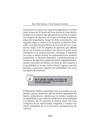 230
Oscar Peña Gonzáles / Frank Almanza Altamirano
ceso penal en el que en la etapa del juzgamiento se realiza
sobre la base de la Teoría del Caso (punto de vista fáctico,
probatorio y jurídico) que presentan las partes al realizar
sus alegatos de apertura en lo que constituye la primera
etapa del juzgamiento. Luego de dicha presentación, una
segunda etapa se centra en la actuación probatoria desti-
nada a acreditar la parte fáctica de la teoría del caso, y una
tercera etapa, la de los alegatos de apertura, que además
de ser un recuento y/o balance que hacen las partes de lo
acreditado en la etapa probatoria, constituye el momento
en el que se deben realizar las argumentaciones jurídicas
pertinentes; se discuten dogmática y probatoriamente la
existencia de tipicidad, antijuridicidad y culpabilidad (ele-
mentos esenciales del delito), sin dejar de lado tampoco a
la punibilidad, en la que suelen situarse figuras como las
llamadas condiciones objetivas de punibilidad o las excu-
sas legales absolutorias.
RECUERDA
No es posible trabajar una Teoría del
Caso sin tener claros los conceptos de
la Teoría del Delito.
El Ministerio Público, para lograr que el acusado sea con-
denado, deberá demostrar que los hechos imputados son
típicos, antijurídicos y además que no existen causales de
inculpabilidad, y que estén las condiciones de punibilidad;
a la defensa, por el contrario, le bastará atacar con éxito
cualquiera de las mencionadas categorías y si logra con-
vencer al Juzgador de su no presencia, conseguirá una ab-
solución.
 