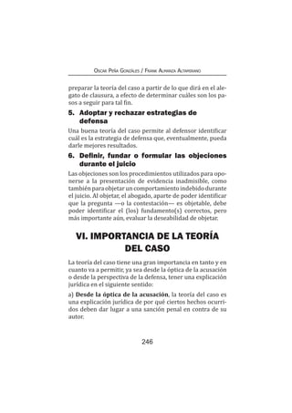 246
Oscar Peña Gonzáles / Frank Almanza Altamirano
preparar la teoría del caso a partir de lo que dirá en el ale-
gato de clausura, a efecto de determinar cuáles son los pa-
sos a seguir para tal fin.
5.	 Adoptar y rechazar estrategias de
defensa
Una buena teoría del caso permite al defensor identificar
cuál es la estrategia de defensa que, eventualmente, pueda
darle mejores resultados.
6.	 Definir, fundar o formular las objeciones
durante el juicio
Las objeciones son los procedimientos utilizados para opo-
nerse a la presentación de evidencia inadmisible, como
tambiénparaobjetaruncomportamientoindebidodurante
el juicio. Al objetar, el abogado, aparte de poder identificar
que la pregunta —o la contestación— es objetable, debe
poder identificar el (los) fundamento(s) correctos, pero
más importante aún, evaluar la deseabilidad de objetar.
VI. IMPORTANCIA DE LA TEORÍA
DEL CASO
La teoría del caso tiene una gran importancia en tanto y en
cuanto va a permitir, ya sea desde la óptica de la acusación
o desde la perspectiva de la defensa, tener una explicación
jurídica en el siguiente sentido:
a) Desde la óptica de la acusación, la teoría del caso es
una explicación jurídica de por qué ciertos hechos ocurri-
dos deben dar lugar a una sanción penal en contra de su
autor.
 