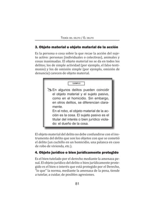 81
Teoría del delito / El delito
3. Objeto material u objeto material de la acción
Es la persona o cosa sobre la que recae la acción del suje-
to activo: personas (individuales o colectivas), animales y
cosas inanimadas. El objeto material no se da en todos los
delitos; los de simple actividad (por ejemplo, el falso testi-
monio) y los de omisión simple (por ejemplo, omisión de
denuncia) carecen de objeto material.
EJEMPLO
	 En algunos delitos pueden coincidir
el objeto material y el sujeto pasivo,
como en el homicidio. Sin embargo,
en otros delitos, se diferencian clara-
mente.
	 En el robo, el objeto material de la ac-
ción es la cosa. El sujeto pasivo es el
titular del interés o bien jurídico viola-
do: el dueño de la cosa.
El objeto material del delito no debe confundirse con el ins-
trumento del delito que son los objetos con que se cometió
el delito (un cuchillo en un homicidio, una palanca en caso
de robo de vivienda, etc.).
4. Objeto jurídico o bien jurídicamente protegido
Es el bien tutelado por el derecho mediante la amenaza pe-
nal. El objeto jurídico del delito o bien jurídicamente prote-
gido es el bien o interés que está protegido por el Derecho,
“lo que” la norma, mediante la amenaza de la pena, tiende
a tutelar, a cuidar, de posibles agresiones.
 