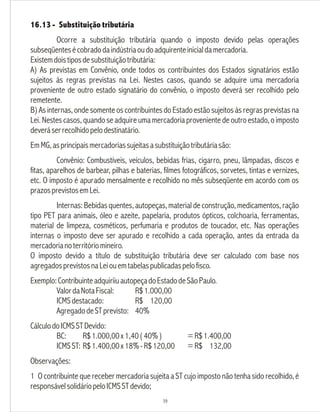 16.13 - Substituição tributária
Ocorre a substituição tributária quando o imposto devido pelas operações
subseqüentesécobradodaindústriaoudoadquirenteinicialdamercadoria.
Existemdoistiposdesubstituiçãotributária:
A) As previstas em Convênio, onde todos os contribuintes dos Estados signatários estão
sujeitos às regras previstas na Lei. Nestes casos, quando se adquire uma mercadoria
proveniente de outro estado signatário do convênio, o imposto deverá ser recolhido pelo
remetente.
B) As internas, onde somente os contribuintes do Estado estão sujeitos às regras previstas na
Lei. Nestes casos, quando se adquire uma mercadoria proveniente de outro estado, o imposto
deveráserrecolhidopelodestinatário.
EmMG,asprincipaismercadoriassujeitasasubstituiçãotributáriasão:
Convênio: Combustíveis, veículos, bebidas frias, cigarro, pneu, lâmpadas, discos e
fitas, aparelhos de barbear, pilhas e baterias, filmes fotográficos, sorvetes, tintas e vernizes,
etc. O imposto é apurado mensalmente e recolhido no mês subseqüente em acordo com os
prazosprevistosemLei.
Internas: Bebidas quentes, autopeças, material de construção, medicamentos, ração
tipo PET para animais, óleo e azeite, papelaria, produtos ópticos, colchoaria, ferramentas,
material de limpeza, cosméticos, perfumaria e produtos de toucador, etc. Nas operações
internas o imposto deve ser apurado e recolhido a cada operação, antes da entrada da
mercadorianoterritóriomineiro.
O imposto devido a título de substituição tributária deve ser calculado com base nos
agregadosprevistosnaLeiouemtabelaspublicadaspelofisco.
Exemplo:ContribuinteadquiriiuautopeçadoEstadodeSãoPaulo.
ValordaNotaFiscal: R$1.000,00
ICMSdestacado: R$ 120,00
AgregadodeSTprevisto: 40%
CálculodoICMSSTDevido:
BC: R$1.000,00x1,40(40%) =R$1.400,00
ICMSST: R$1.400,00x18%-R$120,00 =R$ 132,00
Observações:
1 O contribuinte que receber mercadoria sujeita a ST cujo imposto não tenha sido recolhido, é
responsávelsolidáriopeloICMSSTdevido;
39
 