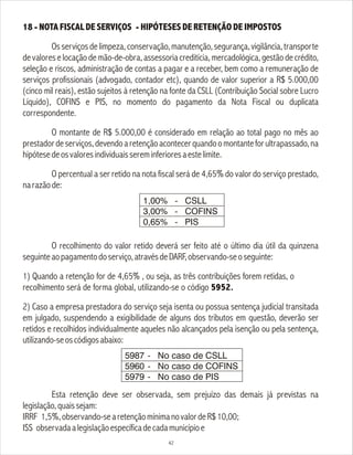 18 - NOTA FISCAL DE SERVIÇOS - HIPÓTESES DE RETENÇÃO DE IMPOSTOS
Osserviçosdelimpeza,conservação,manutenção,segurança,vigilância,transporte
devaloreselocaçãodemão-de-obra,assessoriacreditícia,mercadológica,gestãodecrédito,
seleção e riscos, administração de contas a pagar e a receber, bem como a remuneração de
serviços profissionais (advogado, contador etc), quando de valor superior a R$ 5.000,00
(cinco mil reais), estão sujeitos à retenção na fonte da CSLL (Contribuição Social sobre Lucro
Líquido), COFINS e PIS, no momento do pagamento da Nota Fiscal ou duplicata
correspondente.
O montante de R$ 5.000,00 é considerado em relação ao total pago no mês ao
prestadordeserviços,devendoaretençãoacontecerquandoomontanteforultrapassado,na
hipótesedeosvaloresindividuaissereminferioresaestelimite.
O percentual a ser retido na nota fiscal será de 4,65% do valor do serviço prestado,
narazãode:
O recolhimento do valor retido deverá ser feito até o último dia útil da quinzena
seguinteaopagamentodoserviço,atravésdeDARF,observando-seoseguinte:
1) Quando a retenção for de 4,65% , ou seja, as três contribuições forem retidas, o
recolhimento será de forma global, utilizando-se o código 5952.
2) Caso a empresa prestadora do serviço seja isenta ou possua sentença judicial transitada
em julgado, suspendendo a exigibilidade de alguns dos tributos em questão, deverão ser
retidos e recolhidos individualmente aqueles não alcançados pela isenção ou pela sentença,
utilizando-seoscódigosabaixo:
42
Esta retenção deve ser observada, sem prejuízo das demais já previstas na
legislação,quaissejam:
IRRF 1,5%,observando-searetençãomínimanovalordeR$10,00;
ISS observadaalegislaçãoespecíficadecadamunicípioe
1,00%
3,00%
0,65%
- CSLL
- COFINS
- PIS
5987
5960
5979
- No caso de CSLL
- No caso de COFINS
- No caso de PIS
 