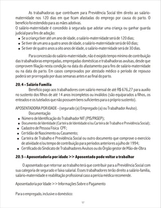 As trabalhadoras que contribuem para Previdência Social têm direito ao salário-
maternidade nos 120 dias em que ficam afastadas do emprego por causa do parto. O
benefíciofoiestendidoparaasmãesadotivas.
O salário-maternidade é concedido à segurada que adotar uma criança ou ganhar guarda
judicialparafinsdeadoção:
! Seacriançativeratéumanodeidade,osalário-maternidadeseráde120dias;
! Setiverdeumanoaquatroanosdeidade,osalário-maternidadeseráde60dias;
! Setiverdequatroanosaoitoanosdeidade,osalário-maternidadeseráde30dias.
Paraconcessãodosalário-maternidade,nãoéexigidotempomínimodecontribuição
das trabalhadoras empregadas, empregadas domésticas e trabalhadoras avulsas, desde que
comprovem filiação nesta condição na data do afastamento para fins de salário-maternidade
ou na data do parto. Em casos comprovados por atestado médico o período de repouso
poderáserprorrogadoporduassemanasanteseaofinaldoparto.
20.4 - Salário Família
Benefício pago aos trabalhadores com salário mensal de até R$ 676,27 para auxílio
no sustento dos filhos de até 14 anos incompletos ou inválidos (são equiparados a filhos, os
enteadoseostuteladosquenãopossuembenssuficientesparaoprópriosustento).
APOSENTADORIAPORIDADE-(segurado(a)Empregado(a)ouTrabalhadorAvulso).
Documentação
! NúmerodeIdentificaçãodoTrabalhadorNIT(PIS/PASEP);
! DocumentodeIdentidade(CarteiradeIdentidadee/ouCarteiradeTrabalhoePrevidênciaSocial);
! CadastrodePessoaFísica CPF;
! CertidãodeNascimentoouCasamento;
! Carteira de Trabalho e Previdência Social ou outro documento que comprove o exercício
deatividadee/outempodecontribuiçãoparaperíodosanterioresajulhode1994;
! CertificadodoSindicatodeTrabalhadoresAvulsosoudoÓrgãogestordeMão-de-Obra
20.5 - Aposentadoria por idade >> Aposentado pode voltar a trabalhar
O aposentado que retornar ao trabalho terá que contribuir para a Previdência Social com
sua categoria de segurado e faixa salarial. Esses trabalhadores terão direito a salário-família,
salário-maternidadeereabilitaçãoprofissionalcasoaperíciamédicarecomende.
AposentadoriaporIdade>>InformaçõesSobreoPagamento
Paraoempregado,inclusiveodoméstico:
57
 