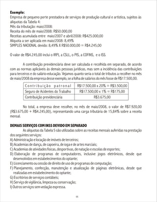 66
Exemplo:
Empresa de pequeno porte prestadora de serviços de produção cultural e artística, sujeitos às
alíquotas da Tabela 4:
Mês da tributação: maio/2008:
Receita do mês de maio/2008: R$50.000,00
Receitas acumulada entre maio/2007 e abril/2008: R$425.000,00
Alíquota a ser aplicada em maio/2008: 8,49%
SIMPLES NACIONAL devido: 8,49% X R$50.000,00 = R$4.245,00
O valor de R$4.245,00 inclui o IRPJ, a CSLL, o PIS, a COFINS, e o ISS.
A contribuição previdenciária deve ser calculada e recolhida em separado, de acordo
com as normas aplicáveis às demais pessoas jurídicas, mas sem a incidência das contribuições
para terceiros e do salário-educação. Vejamos quanto seria o total de tributos a recolher no mês
demaio/2008daempresadesseexemplo,seafolhadesaláriosdomêsfossedeR$17.500,00.
No total, a empresa deve recolher, no mês de maio/2008, o valor de R$7.920,00
(R$3.675,00 + R$4.245,00), representando uma carga tributária de 15,84% sobre a receita
mensal.
DEMAIS SERVIÇOS COM INSS DEVIDO EM SEPARADO
As alíquotas da Tabela 5 são utilizadas sobre as receitas mensais auferidas na prestação
dosseguintesserviços:
A)Administraçãoelocaçãodeimóveisdeterceiros;
B)Academiasdedança,decapoeira,deiogaedeartesmarciais;
C)Academiasdeatividadesfísicas,desportivas,denataçãoeescolasdeesportes;
D) Elaboração de programas de computadores, inclusive jogos eletrônicos, desde que
desenvolvidosemestabelecimentosdooptante;
E)Licenciamentooucessãodedireitodeusodeprogramasdecomputação;
F) Planejamento, confecção, manutenção e atualização de páginas eletrônicas, desde que
realizadasemestabelecimentodooptante;
G)Escritóriosdeserviçoscontábeis;
H)Serviçodevigilância,limpezaouconservação;
I)Outrosserviçossemvedaçãoexpressa.
C o n t r i b u i ç ã o p a t r o n a l
Seguro de Acidentes do Trabalho
Contribuição previdenciária
R$17.500,00 x 20% = R$3.500,00
R$17.500,00 x 1% = R$175,00
R$3.675,00
 