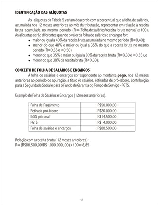 IDENTIFICAÇÃO DAS ALÍQUOTAS
As alíquotas da Tabela 5 variam de acordo com o percentual que a folha de salários,
acumulada nos 12 meses anteriores ao mês da tributação, representar em relação à receita
bruta acumulada no mesmo período (R=(Folhadesalários/receita brutamensal)x100).
Asalíquotasserãodiferentesquandoovalordafolhadesalárioseencargosfor:
l maiorouiguala40%dareceitabrutaacumuladanomesmoperíodo(R=0,40);
l menor do que 40% e maior ou igual a 35% do que a receita bruta no mesmo
período(R=0,35e<0,50)
l menordoque35%emaiorouiguala30%dareceitabruta(R=0,30e<0,35),e
l menordoque30%dareceitabruta(R<0,30).
CONCEITO DE FOLHA DE SALÁRIOS E ENCARGOS
A folha de salários e encargos correspondente ao montante pago, nos 12 meses
anteriores ao período de apuração, a título de salários, retiradas de pró-labore, contribuição
paraaSeguridadeSocialeparaoFundodeGarantiadoTempodeServiço-FGTS.
ExemplodeFolhadeSalárioseEncargos(12mesesanteriores);
Relaçãocomareceitabruta(12mesesanteriores):
R=(R$88.500,00/R$1.000.000,.00)x100=8,85
67
Folha de Pagamento
Retirada pró-labore
INSS patronal
FGTS
Folha de salários e encargos
R$50.000,00
R$20.000,00
R$14.500,00
R$ 4.000,00
R$88.500,00
 