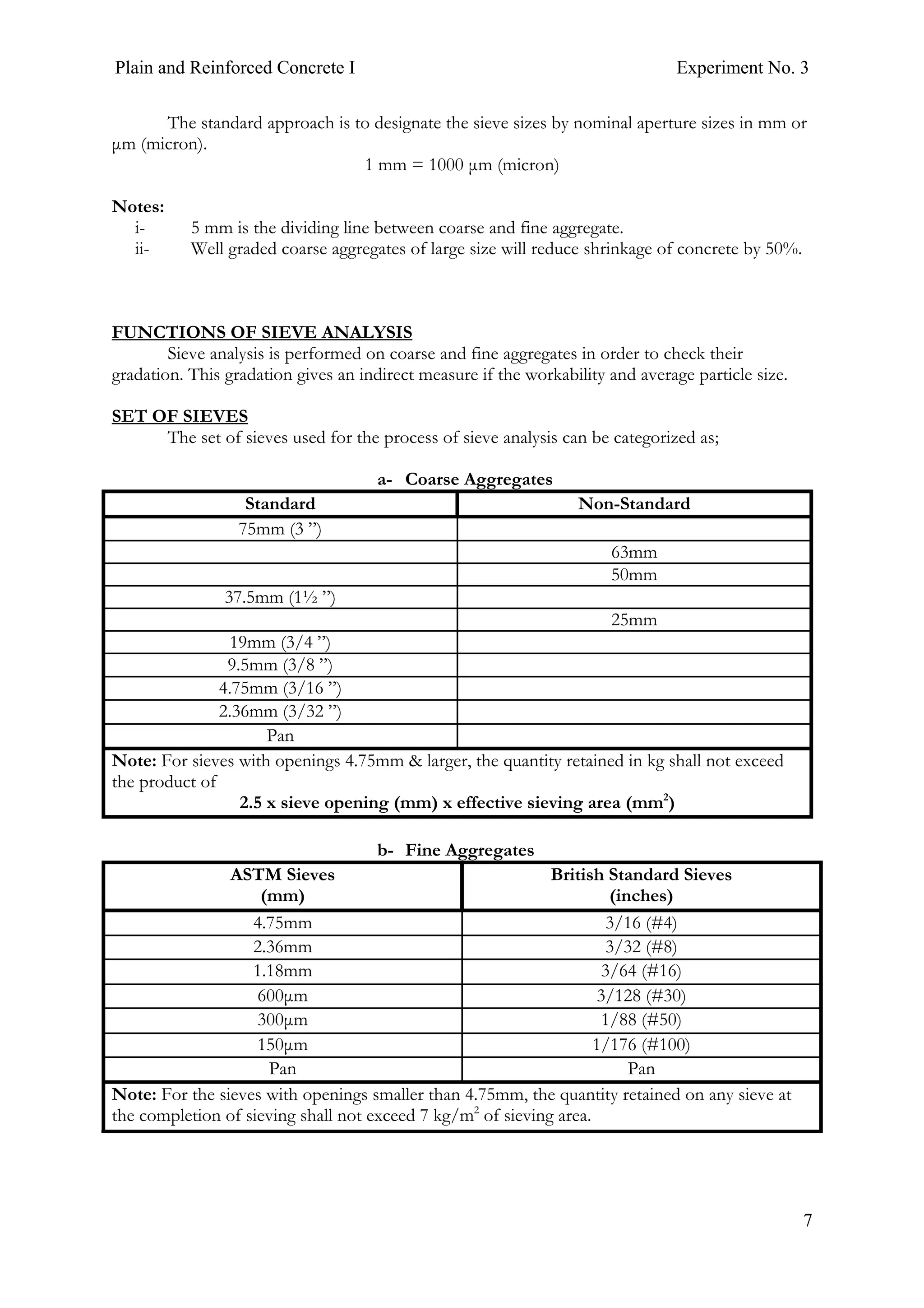 Plain and Reinforced Concrete I Experiment No. 3
7
The standard approach is to designate the sieve sizes by nominal aperture sizes in mm or
μm (micron).
1 mm = 1000 μm (micron)
Notes:
i- 5 mm is the dividing line between coarse and fine aggregate.
ii- Well graded coarse aggregates of large size will reduce shrinkage of concrete by 50%.
FUNCTIONS OF SIEVE ANALYSIS
Sieve analysis is performed on coarse and fine aggregates in order to check their
gradation. This gradation gives an indirect measure if the workability and average particle size.
SET OF SIEVES
The set of sieves used for the process of sieve analysis can be categorized as;
a- Coarse Aggregates
Standard Non-Standard
75mm (3 ”)
63mm
50mm
37.5mm (1½ ”)
25mm
19mm (3/4 ”)
9.5mm (3/8 ”)
4.75mm (3/16 ”)
2.36mm (3/32 ”)
Pan
Note: For sieves with openings 4.75mm & larger, the quantity retained in kg shall not exceed
the product of
2.5 x sieve opening (mm) x effective sieving area (mm2
)
b- Fine Aggregates
ASTM Sieves
(mm)
British Standard Sieves
(inches)
4.75mm 3/16 (#4)
2.36mm 3/32 (#8)
1.18mm 3/64 (#16)
600μm 3/128 (#30)
300μm 1/88 (#50)
150μm 1/176 (#100)
Pan Pan
Note: For the sieves with openings smaller than 4.75mm, the quantity retained on any sieve at
the completion of sieving shall not exceed 7 kg/m2
of sieving area.
 
