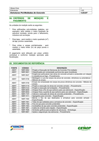 Obras Civis 1
Estruturas 1.03
Estruturas Pré-Moldadas de Concreto 1.03.07
9
0044.. CCRRIITTÉÉRRIIOOSS DDEE MMEEDDIIÇÇÃÃOO EE
PPAAGGAAMMEENNTTOO
As unidades de medição serão as seguintes :
" Para edificações pré-moldadas (galpões, por
exemplo): será medido o metro quadrado de
estrutura montada, pronta para o telhamento,
inclusive com as terças.
" Para lajes : será medido o metro quadrado (m2
)
de laje, pronta e assentada.
" Para cintas e vergas pré-fabricadas : será
medido o metro linear (m) de peça pronta e
assentada..
O pagamento será efetuado por preço unitário
contratual e conforme medição aprovada pela
fiscalização.
0055.. DDOOCCUUMMEENNTTOOSS DDEE RREEFFEERRÊÊNNCCIIAA
FONTE CÓDIGO DESCRIÇÃO
ABNT NBR 9062 Projeto e Execução de Estruturas de Concreto Pré-moldado
ABNT NBR 5601 Classificação por composição química dos aços inoxidáveis
ABNT NBR 5627
Exigências particulares das obras de concreto armado e protendido em relação
à resistência ao fogo - Procedimento
ABNT NBR 5738
Moldagem e cura de corpos de prova de concreto, cilíndricos ou prismáticos -
Método de ensaio.
ABNT NBR 5739
Ensaio de compressão de corpos de prova cilíndricos de concreto - Método de
ensaio.
ABNT NBR 6118 Projeto e execução de obras de concreto armado – Procedimento
ABNT NBR 6122 Projeto e execução de fundações – Procedimento
ABNT NBR 6649 Chapas finas a frio de aço-carbono para uso estrutural – Especificação
ABNT NBR 6650 Chapas finas a quente de aço-carbono para uso estrutural – Especificação
ABNT NBR 7197 Cálculo e execução de obras de concreto protendido – Procedimento
ABNT NBR 7211 Agregados para concreto – Especificação
ABNT NBR 7480
Barras e fios de aço destinados a armadura para concreto armado –
Especificação
ABNT NBR 7481 Telas de aço soldadas para a armadura de concreto – Especificação
ABNT NBR 7182 Fios de aço para concreto protendido
ABNT NBR 7483 Cordoalhas de aço para concreto protendido - Especificação
ABNT NBR 7681 Calda de cimento para injeção - Especificação
ABNT NBR 7808 Símbolos gráficos para projetos de estruturas - Simbologia
ABNT NBR 8681 Ações e seguranças nas estruturas - Procedimento
DEFINIÇÃO MÉTODO EXECUTIVO CRITÉRIOS DE CONTROLE MEDIÇÃO E PAGAMENTO DOCUMENTOS
 