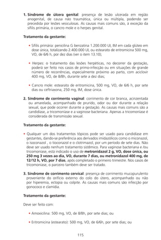 115
1. Síndrome de úlcera genital: presença de lesão ulcerada em região
anogenital, de causa não traumática, única ou múltipla, podendo ser
precedida por lesões vesiculosas. As causas mais comuns são, à exceção da
sífilis primária, o cancro mole e o herpes genital.
Tratamento da gestante:
• Sífilis primária: penicilina G benzatina 1.200.000 UI, IM em cada glúteo em
dose única, totalizando 2.400.000 UI, ou estearato de eritromicina 500 mg,
VO, de 6/6 h, por dez dias (ver o item 13.10);
• Herpes: o tratamento das lesões herpéticas, no decorrer da gestação,
poderá ser feito nos casos de primo-infecção ou em situações de grande
número de recorrências, especialmente próximo ao parto, com aciclovir
400 mg, VO, de 8/8h, durante sete a dez dias;
• Cancro mole: estearato de eritromicina, 500 mg, VO, de 6/6 h, por sete
dias ou ceftriaxona, 250 mg, IM, dose única.
2. Síndrome de corrimento vaginal: corrimento de cor branca, acinzentada
ou amarelada, acompanhado de prurido, odor ou dor durante a relação
sexual, que pode ocorrer durante a gestação. As causas mais comuns são a
candidíase, a tricomoníase e a vaginose bacteriana. Apenas a tricomoníase é
considerada de transmissão sexual.
Tratamento da gestante:
• Qualquer um dos tratamentos tópicos pode ser usado para candidíase em
gestantes, dando-se preferência aos derivados imidazólicos como o miconazol,
o isoconazol , o tioconazol e o clotrimazol, por um período de sete dias. Não
deve ser usado nenhum tratamento sistêmico. Para vaginose bacteriana e /ou
tricomoníase, está indicado o uso de metronidazol 2 g, VO, dose única, ou
250 mg 3 vezes ao dia, VO, durante 7 dias, ou metronidazol 400 mg, de
12/12 h, VO, por 7 dias, após completado o primeiro trimestre. Nos casos de
tricomoníase, o parceiro também deve ser tratado.
3. Síndrome de corrimento cervical: presença de corrimento mucopurulento
proveniente do orifício externo do colo do útero, acompanhado ou não
por hiperemia, ectopia ou colpite. As causas mais comuns são infecção por
gonococo e clamídia.
Tratamento da gestante:
Deve ser feito com:
• Amoxicilina: 500 mg, VO, de 8/8h, por sete dias; ou
• Eritromicina (estearato): 500 mg, VO, de 6/6h, por sete dias; ou
Manual Puerpério 19/09/06.indd 115 11/1/06 7:04:01 PM
 