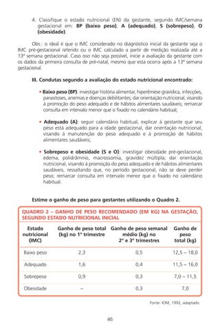 46
4. Classifique o estado nutricional (EN) da gestante, segundo IMC/semana
gestacional em: BP (baixo peso), A (adequado), S (sobrepeso), O
(obesidade).
Obs.: o ideal é que o IMC considerado no diagnóstico inicial da gestante seja o
IMC pré-gestacional referido ou o IMC calculado a partir de medição realizada até a
13ª semana gestacional. Caso isso não seja possível, inicie a avaliação da gestante com
os dados da primeira consulta de pré-natal, mesmo que esta ocorra após a 13ª semana
gestacional.
III. Condutas segundo a avaliação do estado nutricional encontrado:
• Baixo peso (BP): investigar história alimentar, hiperêmese gravídica, infecções,
parasitoses, anemias e doenças debilitantes; dar orientação nutricional, visando
à promoção do peso adequado e de hábitos alimentares saudáveis; remarcar
consulta em intervalo menor que o fixado no calendário habitual;
• Adequado (A): seguir calendário habitual, explicar à gestante que seu
peso está adequado para a idade gestacional, dar orientação nutricional,
visando à manutenção do peso adequado e à promoção de hábitos
alimentares saudáveis;
• Sobrepeso e obesidade (S e O): investigar obesidade pré-gestacional,
edema, polidrâmnio, macrossomia, gravidez múltipla; dar orientação
nutricional, visando à promoção do peso adequado e de hábitos alimentares
saudáveis, ressaltando que, no período gestacional, não se deve perder
peso; remarcar consulta em intervalo menor que o fixado no calendário
habitual.
Estime o ganho de peso para gestantes utilizando o Quadro 2.
QUADRO 2 – GANHO DE PESO RECOMENDADO (EM KG) NA GESTAÇÃO,
SEGUNDO ESTADO NUTRICIONAL INICIAL
Estado Ganho de peso total Ganho de peso semanal Ganho de
nutricional (kg) no 1º trimestre médio (kg) no peso
(IMC) 2º e 3º trimestres total (kg)
Baixo peso 2,3 0,5 12,5 – 18,0
Adequado 1,6 0,4 11,5 – 16,0
Sobrepeso 0,9 0,3 7,0 – 11,5
Obesidade – 0,3 7,0
Fonte: IOM, 1992, adaptado.
Manual Puerpério 19/09/06.indd 46 11/1/06 7:03:33 PM
 