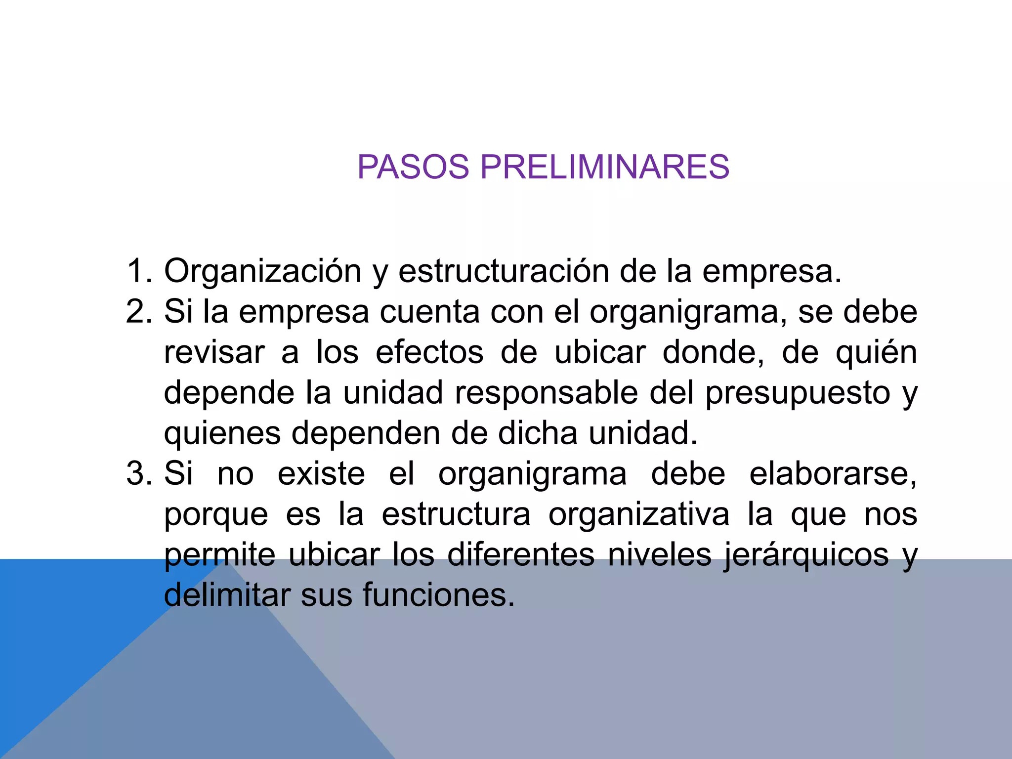 1. Organización y estructuración de la empresa.
2. Si la empresa cuenta con el organigrama, se debe
revisar a los efectos de ubicar donde, de quién
depende la unidad responsable del presupuesto y
quienes dependen de dicha unidad.
3. Si no existe el organigrama debe elaborarse,
porque es la estructura organizativa la que nos
permite ubicar los diferentes niveles jerárquicos y
delimitar sus funciones.
PASOS PRELIMINARES
 