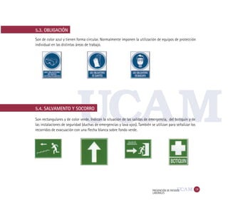19PREVENCIÓN DE RIESGOS
LABORALES
5.3. OBLIGACIÓN
Son de color azul y tienen forma circular. Normalmente imponen la utilización de equipos de protección
individual en las distintas áreas de trabajo.
5.4. SALVAMENTO Y SOCORRO
Son rectangulares y de color verde. Indican la situación de las salidas de emergencia, del botiquín y de
las instalaciones de seguridad (duchas de emergencias y lava ojos). También se utilizan para señalizar los
recorridos de evacuación con una flecha blanca sobre fondo verde.
 