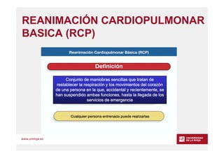 www.unirioja.es
REANIMACIÓN CARDIOPULMONAR
BASICA (RCP)
Conjunto de maniobras sencillas que tratan de
restablecer la respi...
