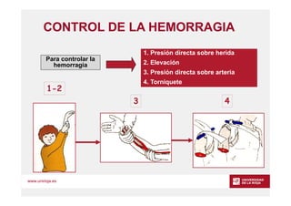 www.unirioja.es
Para controlar la
hemorragia
1. Presión directa sobre herida
2. Elevación
3. Presión directa sobre arteria...