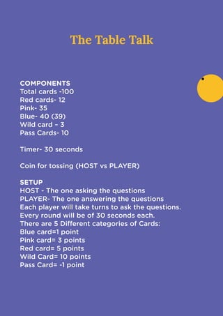 The Table Talk
COMPONENTS

Total cards -100

Red cards- 12

Pink- 35

Blue- 40 (39)

Wild card – 3

Pass Cards- 10


Timer- 30 seconds


Coin for tossing (HOST vs PLAYER)


SETUP

HOST - The one asking the questions

PLAYER- The one answering the questions

Each player will take turns to ask the questions.

Every round will be of 30 seconds each.

There are 5 Different categories of Cards:

Blue card=1 point

Pink card= 3 points

Red card= 5 points

Wild Card= 10 points

Pass Card= -1 point

 