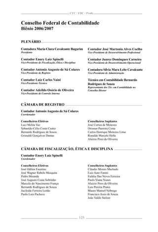 CFC / FBC / Proﬁs


Conselho Federal de Contabilidade
Biênio 2006/2007

PLENÁRIO
Contadora Maria Clara Cavalcante Bugarim                    Contador José Martonio Alves Coelho
Presidente                                                  Vice-Presidente de Desenvolvimento Proﬁssional

Contador Enory Luiz Spinelli                                Contador Juarez Domingues Carneiro
Vice-Presidente de Fiscalização, Ética e Disciplina         Vice-Presidente de Desenvolvimento Operacional

Contador Antonio Augusto de Sá Colares                      Contadora Silvia Mara Leite Cavalcante
Vice-Presidente de Registro                                 Vice-Presidente de Administração

Contador Luiz Carlos Vaini                                  Técnico em Contabilidade Bernardo
Vice-Presidente Técnico                                     Rodrigues de Souza
                                                            Representante dos Téc. em Contabilidade no
Contador Adeildo Osório de Oliveira                         Conselho Diretor
Vice-Presidente de Controle Interno



CÂMARA DE REGISTRO
Contador Antonio Augusto de Sá Colares
Coordenador

Conselheiros Efetivos                                       Conselheiros Suplentes
Luci Melita Vaz                                             José Correa de Menezes
Sebastião Célio Costa Castro                                Orismar Parreira Costa
Bernardo Rodrigues de Souza                                 Carlos Henrique Menezes Lima
Grimaldi Gonçalves Dantas                                   Ronaldo Marcelo Hella
                                                            Aluízio Pires de Oliveira


CÂMARA DE FISCALIZAÇÃO, ÉTICA E DISCIPLINA
Contador Enory Luiz Spinelli
Coordenador

Conselheiros Efetivos                                       Conselheiros Suplentes
José Odilon Faustino                                        Cláudio Morais Machado
José Wagner Rabelo Mesquita                                 Luiz Auto Fanini
Pedro Miranda                                               Eulália Das Neves Ferreira
José Augusto Costa Sobrinho                                 Paulo Viana Nunes
Marcelo do Nascimento França                                Aluízio Pires de Oliveira
Bernardo Rodrigues de Souza                                 Luís Pereira Prates
Jucileide Ferreira Leitão                                   Mauro Manoel Nóbrega
Paulo Luiz Pacheco                                          Francisco Assis de Souza
                                                            João Valdir Stelzer




                                                      125
 