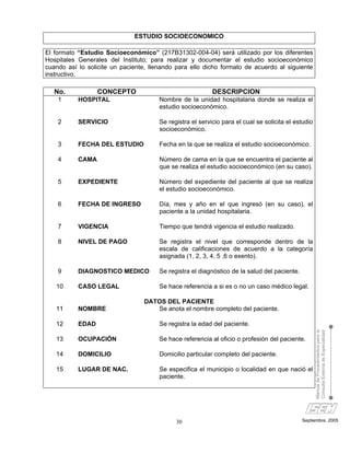 ESTUDIO SOCIOECONOMICO

El formato “Estudio Socioeconómico” (217B31302-004-04) será utilizado por los diferentes
Hospitales Generales del Instituto; para realizar y documentar el estudio socioeconómico
cuando así lo solicite un paciente, llenando para ello dicho formato de acuerdo al siguiente
instructivo.

   No.            CONCEPTO                                 DESCRIPCION
    1      HOSPITAL                    Nombre de la unidad hospitalaria donde se realiza el
                                       estudio socioeconómico.

    2      SERVICIO                    Se registra el servicio para el cual se solicita el estudio
                                       socioeconómico.

    3      FECHA DEL ESTUDIO           Fecha en la que se realiza el estudio socioeconómico.

    4      CAMA                        Número de cama en la que se encuentra el paciente al
                                       que se realiza el estudio socioeconómico (en su caso).

    5      EXPEDIENTE                  Número del expediente del paciente al que se realiza
                                       el estudio socioeconómico.

    6      FECHA DE INGRESO            Día, mes y año en el que ingresó (en su caso), el
                                       paciente a la unidad hospitalaria.

    7      VIGENCIA                    Tiempo que tendrá vigencia el estudio realizado.

    8      NIVEL DE PAGO               Se registra el nivel que corresponde dentro de la
                                       escala de calificaciones de acuerdo a la categoría
                                       asignada (1, 2, 3, 4, 5 ,6 o exento).

    9      DIAGNOSTICO MEDICO          Se registra el diagnóstico de la salud del paciente.

   10      CASO LEGAL                  Se hace referencia a si es o no un caso médico legal.

                                  DATOS DEL PACIENTE
   11      NOMBRE                    Se anota el nombre completo del paciente.

   12      EDAD                        Se registra la edad del paciente.
                                                                                                     Manual de Procedimientos para la
                                                                                                     Consulta Externa de Especialidad


   13      OCUPACIÓN                   Se hace referencia al oficio o profesión del paciente.

   14      DOMICILIO                   Domicilio particular completo del paciente.

   15      LUGAR DE NAC.               Se especifica el municipio o localidad en que nació el
                                       paciente.




                                             30                                               Septiembre, 2005
 