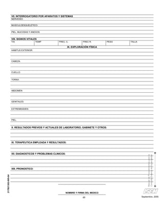 VII. INTERROGATORIO POR APARATOS Y SISTEMAS
                   NERVIOSO:

                   MUSCULOESQUELETICO:


                   PIEL, MUCOSAS Y ANEXOS:


                   VIII. SIGNOS VITALES
                   T/A                 TEMP          FREC. C.           FREC R.       PESO   TALLA

                                                             IX. EXPLORACIÓN FÍSICA
                   HABITUS EXTERIOR:




                   CABEZA:




                   CUELLO:


                   TORAX:




                   ABDOMEN:




                   GENITALES:


                   EXTREMIDADES:




                   PIEL:


                   X. RESULTADOS PREVIOS Y ACTUALES DE LABORATORIO, GABINETE Y OTROS:




                   XI. TERAPEUTICA EMPLEADA Y RESULTADOS:



                   XII. DIAGNOSTICOS Y PROBLEMAS CLINICOS:
                                                                                                          Manual de Procedimientos para la
                                                                                                          Consulta Externa de Especialidad




                   XIII. PRONOSTICO:
217B21302-005-04




                                                          NOMBRE Y FIRMA DEL MEDICO

                                                                        48                           Septiembre, 2005
 