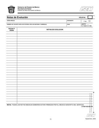 Gobierno del Estado de México
                  Secretaría de Salud
                  Instituto de Salud del Estado de México




Notas de Evolución                                                                                   HOJA No.

UNIDAD MEDICA                                                                           EXPEDIENTE
                                                                                                          1ª Vez


NOMBRE DEL PACIENTE (APELLIDO PATERNO, APELLIDO MATERNO Y NOMBRE(S))                    EDAD            GENERO
                                                                                                           MASC      FEM


  FECHA Y
                                                                   NOTAS DE EVOLUCION
   HORA




                                                                                                                   Manual de Procedimientos para la
                                                                                                                   Consulta Externa de Especialidad




NOTA: TODAS LAS NOTAS MEDICAS DEBERAN ESTAR FIRMADAS POR EL MEDICO ADSCRITO DEL SERVICIO
                                                                                                        217B21302-001-04




                                                                       51                                    Septiembre, 2005
 