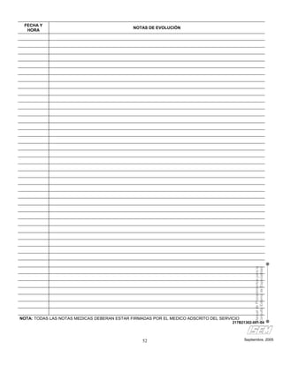 FECHA Y
                                             NOTAS DE EVOLUCIÓN
  HORA




                                                                                                Manual de Procedimientos para la
                                                                                                Consulta Externa de Especialidad




NOTA: TODAS LAS NOTAS MEDICAS DEBERAN ESTAR FIRMADAS POR EL MEDICO ADSCRITO DEL SERVICIO
                                                                                     217B21302-001-04




                                                 52                                        Septiembre, 2005
 