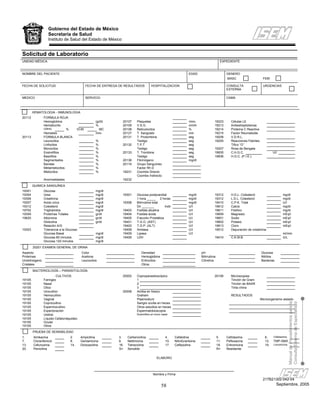 Gobierno del Estado de México
                   Secretaría de Salud
                   Instituto de Salud del Estado de México


Solicitud de Laboratorio
UNIDAD MÉDICA                                                                                                                             EXPEDIENTE


NOMBRE DEL PACIENTE                                                                                               EDAD                        GENERO
                                                                                                                                              MASC                      FEM

FECHA DE SOLICITUD                            FECHA DE ENTREGA DE RESULTADOS          HOSPITALIZACION                                         CONSULTA                  URGENCIAS
                                                                                                                                              EXTERNA

MEDICO                                        SERVICIO                                                                                        CAMA



        HEMATOLOGIA - INMUNOLOGIA
20112           FORMULA ROJA
                Hemoglobina                           (g/dl)     20107     Plaquetas                              /mm3              19223        Células LE
                Hematocrito                           %          20109     V.S.G.                                 mm/h              19213        Antiestreptolisinas
                CMHG           %        VCM              MC      20108     Reticulocitos                          %                 19214        Proteína C Reactiva
                Hematies                              mm3        20127     T. Sangrado                            min               19215        Factor Reumatoide
20113           FORMULA BLANCA                                   20131     T. Protombina                          seg               19208        V.D.R.L.
                Leucocitos                            %                    Testigo                                seg               19205        Reacciones Febriles
                Linfocitos                            %          20132     T.P.T                                  seg                            Tifico “O”
                Monocitos                             %                    Testigo                                seg               19207        Rosa de Bengala
                Eosinófilos                           %          20133     T. Trombina                            seg               19835        C.H.G.C.                       U/I
                Basofilos                             %                    Testigo                                seg               19836        H.G.C. (P.I.E.)
                Segmentados                           %          20136     Fibrinógeno                            mg/dl
                Bandas                                %          20116     Grupo Sanguíneo
                Metamielocitos                        %                    Factor Rh D
                Mielocitos                            %          19231     Coombs Directo
                                                                           Coombs Indirecto
                Anormalidades                                    19232
        QUIMICA SANGUÍNEA
19301           Glucosa                               mg/dl
19304           Urea                                  mg/dl      19301     Glucosa postprandial                   mg/dl             19312        H.D.L. Colesterol                     mg/dl
19306           Creatinina                            mg/dl                1 hora _____ 2 horas                   mg/dl             19312        L.D.L. Colesterol                     mg/dl
19307           Acido úrico                           mg/dl      19308     Bilirrubina total                      mg/dl             19410        C.P.K. Total                          U/I
19312           Colesterol                            mg/dl                Dir _______         Indir              U/I               19612        Calcio                                mg/dl
19702           Triglicéridos                         mg/dl      19403     Fosfata alcalina                       U/I               19611        Fósforo                               mg/dl
19309           Proteínas Totales                     gr/dl      19404     Fosfata ácida                          U/I               19609        Magnesio                              mEq/l
19620           Albúmina                              gr/dl      19405     Fracción Prostática                    U/i               19601        Sodio                                 mEq/l
                Globulina                             gr/dl      19401     T.G.O. (AST)                           U/I               19602        Potasio                               mEq/l
                Relación A/G                                     19402     T.G.P. (ALT)                           U/I               19613        Cloro                                 mEq/l
19303           Tolerancia a la Glucosa:                         19408     Amilasa                                U/I               19512        Depuración de creatinina
                Glucosa Basal                         mg/dl      19409     Lipasa                                 U/I                                                                  ml/min
                Glucosa 60 minutos                    mg/dl      19406     LDH                                                      19410        C.K.M.B.                              U/L
                Glucosa 120 minutos                   mg/dl
        20201 EXAMEN GENERAL DE ORINA
Aspecto                                    Color                              Densidad                                    pH                                           Glucosa
Proteínas                                  Acetona                            Hemoglobina                                 Bilirrubina                                  Nitritos
Urobilinógeno                              Leucocitos                         Eritrocitos                                 Cilindros                                    Bacterias
Cristales                                                                     Otros

        BACTERIOLOGÍA – PARASITOLOGÍA
                         CULTIVOS                                20002     Coproparasitoscópico                                     20106        Microscopias
19105           Faringeo                                                   1                                                                     Tinción de Gram
19105           Nasal                                                      2                                                                     Tinción de BAAR
19105           Otico                                                      3                                                                     Tinta china
19105           Urocultivo                                       20008     Amiba en fresco
19105           Hemocultivo                                                Graham                                                                RESULTADOS
19105           Vaginal                                                    Plasmodium                                                                                  Microorganismo aislado
                                                                                                                                                                                              Manual de Procedimientos para la

19105           Coprocultivo                                               Sangre oculta en heces
                                                                                                                                                                                              Consulta Externa de Especialidad

19105           Espermocultivo                                             Otros estudios en heces
19105           Expectoración                                              Espermatobioscopía
19105           Uretral                                                    Eosinofilos en moco nasal
19105           Líquido Cefalorráquideo
19105           Ocular
19105           Otros
        PRUEBA DE SENSIBILIDAD
1.      Amikacina                 2.       Ampicilina          3.    Carbenicilina                4.    Cefalotina                      5.    Cefotaxima                  6.    Cefotaxima
7.      Cloranfenicol             8.       Gentamicina         9.    Netilmicina                  10.   Nitrofurantoina                 11.   Pefloxacina                 12.   TMP-SMX
13.     Cefuroxima                14.      Dicloxacilina       16.   Tetraciclina                 17.   Ceftazidina                     18.   Eritromicina                19.   Lincomicina
20.     Penicilina                                             S=    Sensible                                                           R=    Resistente

                                                                                           ELABORO




                                                                                        Nombre y Firma
                                                                                                                                                                        217B21302-042-04
                                                                                              58                                                                                   Septiembre, 2005
 
