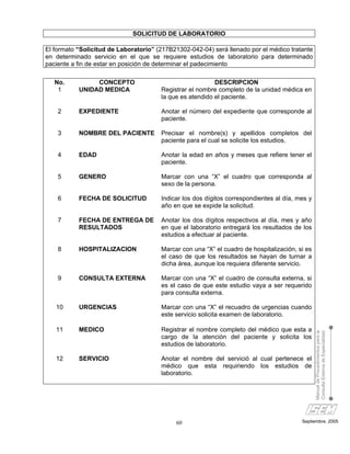 SOLICITUD DE LABORATORIO

El formato “Solicitud de Laboratorio” (217B21302-042-04) será llenado por el médico tratante
en determinado servicio en el que se requiere estudios de laboratorio para determinado
paciente a fin de estar en posición de determinar el padecimiento

   No.          CONCEPTO                                  DESCRIPCION
    1      UNIDAD MEDICA               Registrar el nombre completo de la unidad médica en
                                       la que es atendido el paciente.

    2      EXPEDIENTE                  Anotar el número del expediente que corresponde al
                                       paciente.

    3      NOMBRE DEL PACIENTE         Precisar el nombre(s) y apellidos completos del
                                       paciente para el cual se solicite los estudios.

    4      EDAD                        Anotar la edad en años y meses que refiere tener el
                                       paciente.

    5      GENERO                      Marcar con una “X” el cuadro que corresponda al
                                       sexo de la persona.

    6      FECHA DE SOLICITUD          Indicar los dos dígitos correspondientes al día, mes y
                                       año en que se expide la solicitud.

    7      FECHA DE ENTREGA DE         Anotar los dos dígitos respectivos al día, mes y año
           RESULTADOS                  en que el laboratorio entregará los resultados de los
                                       estudios a efectuar al paciente.

    8      HOSPITALIZACION             Marcar con una “X” el cuadro de hospitalización, si es
                                       el caso de que los resultados se hayan de turnar a
                                       dicha área, aunque los requiera diferente servicio.

    9      CONSULTA EXTERNA            Marcar con una “X” el cuadro de consulta externa, si
                                       es el caso de que este estudio vaya a ser requerido
                                       para consulta externa.

   10      URGENCIAS                   Marcar con una “X” el recuadro de urgencias cuando
                                       este servicio solicita examen de laboratorio.

   11      MEDICO                      Registrar el nombre completo del médico que esta a
                                                                                                Manual de Procedimientos para la
                                                                                                Consulta Externa de Especialidad

                                       cargo de la atención del paciente y solicita los
                                       estudios de laboratorio.

   12      SERVICIO                    Anotar el nombre del servició al cual pertenece el
                                       médico que esta requiriendo los estudios de
                                       laboratorio.




                                             60                                          Septiembre, 2005
 