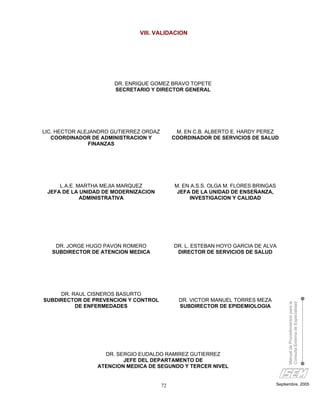 VIII. VALIDACION




                      DR. ENRIQUE GOMEZ BRAVO TOPETE
                      SECRETARIO Y DIRECTOR GENERAL




LIC. HECTOR ALEJANDRO GUTIERREZ ORDAZ         M. EN C.B. ALBERTO E. HARDY PEREZ
   COORDINADOR DE ADMINISTRACION Y           COORDINADOR DE SERVICIOS DE SALUD
               FINANZAS




     L.A.E. MARTHA MEJIA MARQUEZ             M. EN A.S.S. OLGA M. FLORES BRINGAS
 JEFA DE LA UNIDAD DE MODERNIZACION           JEFA DE LA UNIDAD DE ENSEÑANZA,
             ADMINISTRATIVA                       INVESTIGACION Y CALIDAD




    DR. JORGE HUGO PAVON ROMERO              DR. L. ESTEBAN HOYO GARCIA DE ALVA
   SUBDIRECTOR DE ATENCION MEDICA             DIRECTOR DE SERVICIOS DE SALUD




     DR. RAUL CISNEROS BASURTO
SUBDIRECTOR DE PREVENCION Y CONTROL            DR. VICTOR MANUEL TORRES MEZA
                                                                                        Manual de Procedimientos para la
                                                                                        Consulta Externa de Especialidad

          DE ENFERMEDADES                      SUBDIRECTOR DE EPIDEMIOLOGIA




                   DR. SERGIO EUDALDO RAMIREZ GUTIERREZ
                         JEFE DEL DEPARTAMENTO DE
                 ATENCION MEDICA DE SEGUNDO Y TERCER NIVEL


                                        72                                         Septiembre, 2005
 