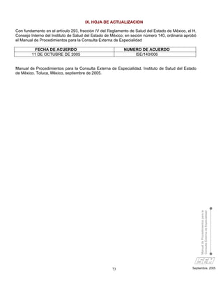 IX. HOJA DE ACTUALIZACION

Con fundamento en el artículo 293, fracción IV del Reglamento de Salud del Estado de México, el H.
Consejo Interno del Instituto de Salud del Estado de México, en seción número 140, ordinaria aprobó
el Manual de Procedimientos para la Consulta Externa de Especialidad

          FECHA DE ACUERDO                                 NUMERO DE ACUERDO
        11 DE OCTUBRE DE 2005                                  ISE/140/006


Manual de Procedimientos para la Consulta Externa de Especialidad. Instituto de Salud del Estado
de México. Toluca, México, septiembre de 2005.




                                                                                                      Manual de Procedimientos para la
                                                                                                      Consulta Externa de Especialidad




                                                    73                                          Septiembre, 2005
 