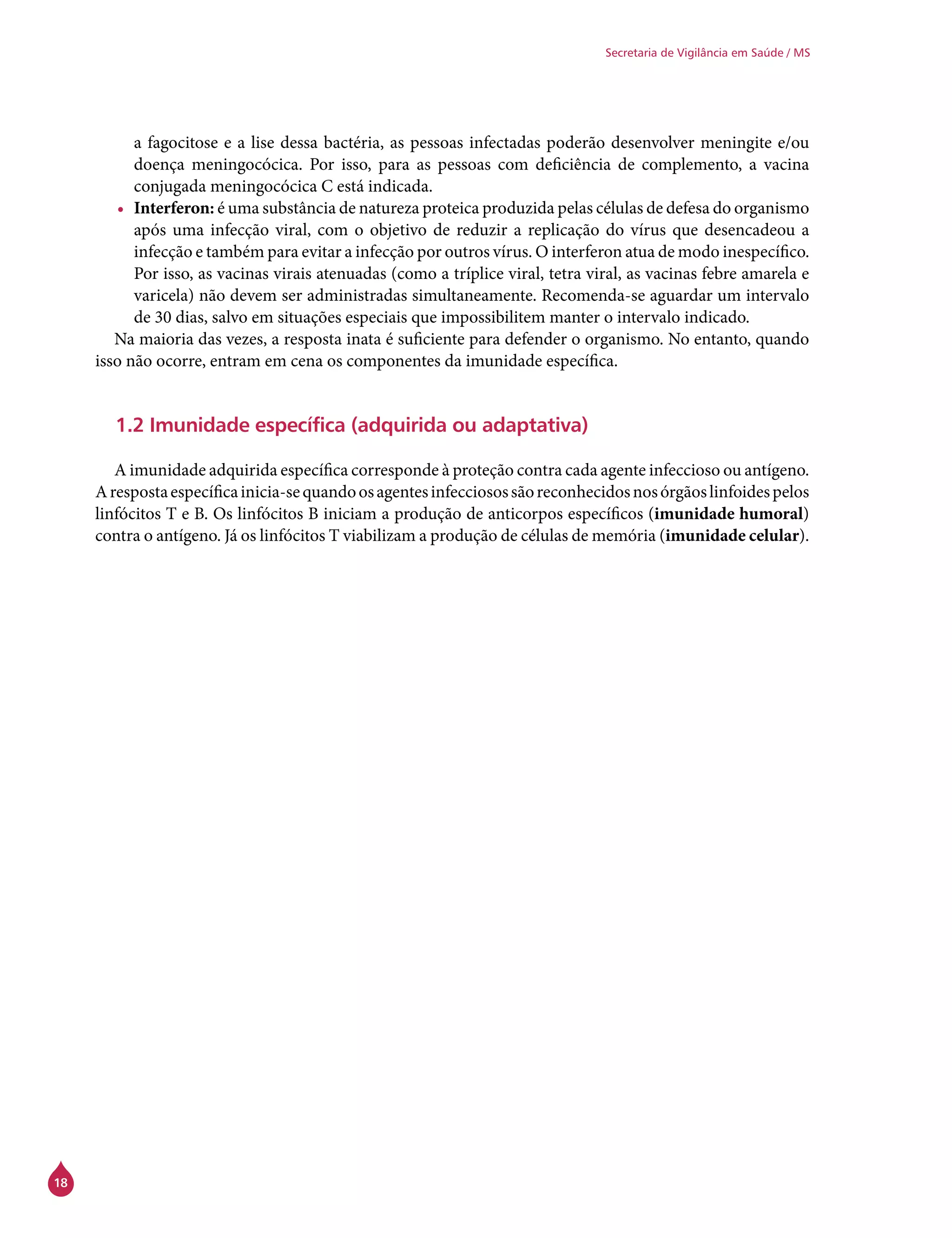 18
Secretaria de Vigilância em Saúde / MS
a fagocitose e a lise dessa bactéria, as pessoas infectadas poderão desenvolver meningite e/ou
doença meningocócica. Por isso, para as pessoas com deficiência de complemento, a vacina
conjugada meningocócica C está indicada.
•	 Interferon: é uma substância de natureza proteica produzida pelas células de defesa do organismo
após uma infecção viral, com o objetivo de reduzir a replicação do vírus que desencadeou a
infecção e também para evitar a infecção por outros vírus. O interferon atua de modo inespecífico.
Por isso, as vacinas virais atenuadas (como a tríplice viral, tetra viral, as vacinas febre amarela e
varicela) não devem ser administradas simultaneamente. Recomenda-se aguardar um intervalo
de 30 dias, salvo em situações especiais que impossibilitem manter o intervalo indicado.
Na maioria das vezes, a resposta inata é suficiente para defender o organismo. No entanto, quando
isso não ocorre, entram em cena os componentes da imunidade específica.
1.2 Imunidade específica (adquirida ou adaptativa)
A imunidade adquirida específica corresponde à proteção contra cada agente infeccioso ou antígeno.
Arespostaespecíficainicia-sequandoosagentesinfecciosossãoreconhecidosnosórgãoslinfoidespelos
linfócitos T e B. Os linfócitos B iniciam a produção de anticorpos específicos (imunidade humoral)
contra o antígeno. Já os linfócitos T viabilizam a produção de células de memória (imunidade celular).
 