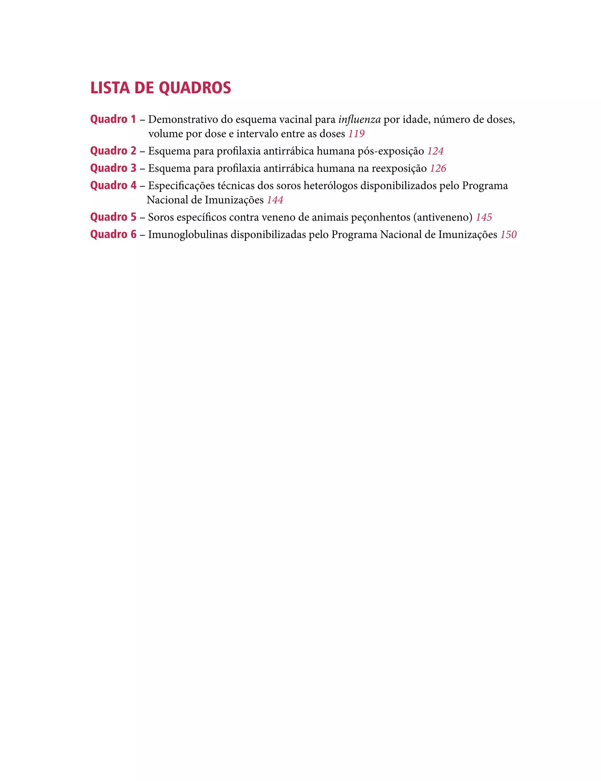 LISTA DE QUADROS
Quadro 1 – Demonstrativo do esquema vacinal para influenza por idade, número de doses,
volume por dose e intervalo entre as doses 119
Quadro 2 – Esquema para profilaxia antirrábica humana pós-exposição 124
Quadro 3 – Esquema para profilaxia antirrábica humana na reexposição 126
Quadro 4 – Especificações técnicas dos soros heterólogos disponibilizados pelo Programa
Nacional de Imunizações 144
Quadro 5 – Soros específicos contra veneno de animais peçonhentos (antiveneno) 145
Quadro 6 – Imunoglobulinas disponibilizadas pelo Programa Nacional de Imunizações 150
 