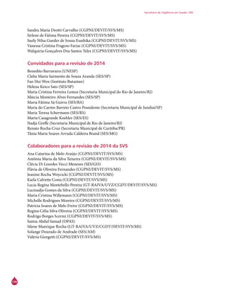 176
Secretaria de Vigilância em Saúde / MS
Sandra Maria Deotti Carvalho (CGPNI/DEVIT/SVS/MS)
Sirlene de Fátima Pereira (CGPNI/DEVIT/SVS/MS)
Suely Nilsa Guedes de Sousa Esashika (CGPNI/DEVIT/SVS/MS)
Vanessa Cristina Fragoso Farias (CGPNI/DEVIT/SVS/MS)
Walquiria Gonçalves Dos Santos Teles (CGPNI/DEVIT/SVS/MS)
Convidados para a revisão de 2014
Benedito Barraviera (UNESP)
Clelia Maria Sarmento de Souza Aranda (SES/SP)
Fan Hui Wen (Instituto Butantan)
Helena Keico Sato (SES/SP)
Maria Cristina Ferreira Lemos (Secretaria Municipal do Rio de Janeiro/RJ)
Márcia Monteiro Alves Fernandes (SES/SP)
Maria Fátima Sá Guirra (SES/BA)
Maria do Carmo Barreto Castro Possidente (Secretaria Municipal de Jundiaí/SP)
Maria Tereza Schermann (SES/RS)
Marta Casagrande Koehler (SES/ES)
Nadja Greffe (Secretaria Municipal de Rio de Janeiro/RJ)
Renato Rocha Cruz (Secretaria Municipal de Curitiba/PR)
Tânia Maria Soares Arruda Caldeira Brand (SES/MG)
Colaboradores para a revisão de 2014 da SVS
Ana Catarina de Melo Araújo (CGPNI/DEVIT/SVS/MS)
Antônia Maria da Silva Teixeira (CGPNI/DEVIT/SVS/MS)
Clécia Di Lourdes Vecci Menezes (SES/GO)
Flávia de Oliveira Fernandes (CGPNI/DEVIT/SVS/MS)
Jeanine Rocha Woycicki (CGPNI/DEVIT/SVS/MS)
Karla Calvette Costa (CGPNI/DEVIT/SVS/MS)
Lucia Regina Montebello Pereira (GT-RAIVA/UVZ/CGDT/DEVIT/SVS/MS)
Lucinadja Gomes da Silva (CGPNI/DEVIT/SVS/MS)
Maria Cristina Willemann (CGPNI/DEVIT/SVS/MS)
Michelle Rodrigues Moreira (CGPNI/DEVIT/SVS/MS)
Patrícia Soares de Melo Freire (CGPNI/DEVIT/SVS/MS)
Regina Célia Silva Oliveira (CGPNI/DEVIT/SVS/MS)
Rodrigo Borges Scermi (CGPNI/DEVIT/SVS/MS)
Samia Abdul Samad (OPAS)
Silene Manrique Rocha (GT-RAIVA/UVZ/CGDT/DEVIT/SVS/MS)
Solange Dourado de Andrade (SES/AM)
Valéria Giorgetti (CGPNI/DEVIT/SVS/MS)
 