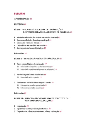 SUMÁRIO
APRESENTAÇÃO 11
PREFÁCIO 12
PARTE I – PROGRAMA NACIONAL DE IMUNIZAÇÕES:
RESPONSABILIDADES DAS ESFERAS DE GOVERNO 13
1	 Responsabilidades das esferas nacional e estadual 13
2	 Responsabilidades da esfera municipal 13
3	 Vacinação e atenção básica 14
4	 Calendário Nacional de Vacinação14
5	 Suprimento de imunobiológicos 15
Referências	 16
PARTE II – FUNDAMENTOS DOS IMUNOLÓGICOS 17
1	 Bases imunológicas da vacinação 17
1.1	 Imunidade inespecífica (natural ou inata) 17
1.2	 Imunidade específica (adquirida ou adaptativa) 18
2	 Respostas primária e secundária 19
2.1	 Imunidade ativa e passiva 19
3	 Fatores que influenciam a resposta imune 21
3.1	 Fatores relacionados ao vacinado 21
3.2	 Fatores relacionados à vacina 22
Referências 23
PARTE III – ASPECTOS TÉCNICOS E ADMINISTRATIVOS DA
			 ATIVIDADE DE VACINAÇÃO 24
1	Introdução 24
2 	 Equipe de vacinação e funções básicas 25
3 	 Organização e funcionamento da sala de vacinação 26
 