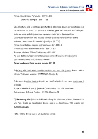 Agrupamento de Escolas Moinhos da Arroja
                                                          Manual de Procedimentos da BE


Por ex.: Gramática de Português – 811.134.3’36
         Gramática de Inglês – 811.111’36


D) A literatura, caso se justifique pelo fundo da biblioteca, deverá ser classificada pela
nacionalidade do autor, ou em casos especiais, pela nacionalidade adoptada pelo
autor, ou ainda, pela língua em que escreveu a maior parte das suas obras.
Deverá usar-se também uma notação e indicar o género literário em que a obra
se insere, caso o fundo documental o justifique. (cf. CDU)
Por ex.: Levantado do chão de José Saramago – 821.134.3-3
Frei Luís de Sousa de Almeida Garrett – 821.134.3-2
Romeu e Julieta de William Shakespeare – 821.111-1
No caso da literatura juvenil, tanto nacional como estrangeira, deverá optar-se
pela sua inclusão na 82-93 Literatura Juvenil.
Para a banda desenhada usa-se a notação 82-9 BD


E) As biografias deverão ser classificadas tendo em conta o biografado. Por ex.: Vida e
obra de Vinicius de Moraes – 929 MORAES, Vinicius de


F) As obras de critica literária deverão ser classificadas tendo em conta o autor que é
criticado.
Por ex.: Cadências Tristes: (…) obra de Cesário Verde - 821.134.3 Verde.09
Sintra na obra de Eça de Queirós - 821.134.3 Queiros.09


G) Nas monografias (estudos da História, Geografia, Costumes, Cultura, Economia de
um País, Região ou Localidade) deverá usar-se a classificação 908 seguida dos
auxiliares de lugar.


H) Na História deverá usar-se um auxiliar de tempo.




                                                                                       37
 