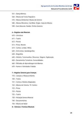 Agrupamento de Escolas Moinhos da Arroja
                                                       Manual de Procedimentos da BE


551 – Dança Rítmica
560 – Música de Festas Populares
570 – Música Ambiental. Música de Género
580 – Música Mecânica. Carrilhão. Órgão. Caixa de Música
590 – Sons Naturais. Ruídos. Efeitos Sonoros


6 – Registos não Musicais
610 – Literatura
611 – Teatro
612 – Poesia
613 – Prosa. Novela
614 – Contos. Lendas. Mitos
620 – Entrevistas. Autobiografias
630 – Biografias
640 – História. Testemunhos. Discursos. Viagens. Exploração
650 – Documentos Temáticos. Generalidades
660 – Métodos de Aprendizagem de Idiomas
670 – Humor e Variedades Faladas


7 – Registos Sonoros para Crianças
710 – Canções e Músicas Infantis
720 – Textos
721 – Contos e Relatos Adaptados
722 – Música de Cinema. TV. Comics
723 – Prosa
724 – Poesia
725 – Teatro
730 – Iniciação Sonora Musical
740 – Documentários
750 – Música de Natal
8 – Ciências e Técnicas Musicais


                                                                                 39
 