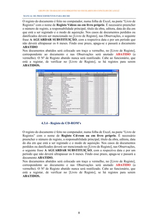 GRUPO DE TRABALHO DAS BIBLIOTECAS ESCOLARES DO CONCELHO DE LOULÉ

MANUAL DE PROCEDIMENTOS PARA BECRE

O registo do documento é feito no computador, numa folha de Excel, na pasta “Livro de
Registos” com o nome de Registo Vídeos ou em livro próprio. É necessário preencher
o número de registo, a responsabilidade principal, título da obra, editora, data do dia em
que está a ser registado e o modo de aquisição. Nos casos de documentos perdidos ou
danificados deverá ser mencionado no [Livro de Registo], nas Observações, o seguinte
frase A AGUARDAR SUBSTITUIÇÃO, com a respectiva data e por um período que
não deverá ultrapassar os 6 meses. Findo esse prazo, apaga-se e passará a documento
ABATIDO
Nos documentos abatidos será colocado um traço a vermelho, no [Livro de Registo],
correspondente ao documento e nas Observações será anotado ABATIDO (a
vermelho). O Nº de Registo abatido nunca será reutilizado. Cabe ao funcionário, que
está a registar, de verificar no [Livro de Registo], se há registos para serem
ABATIDOS.




              4.3.4 - Registo de CD-ROM’s

O registo do documento é feito no computador, numa folha de Excel, na pasta “Livro de
Registos” com o nome de Registo Cd-rom ou em livro próprio. É necessário
preencher o número de registo, a responsabilidade principal, título da obra, editora, data
do dia em que está a ser registado e o modo de aquisição. Nos casos de documentos
perdidos ou danificados deverá ser mencionado no [Livro de Registo], nas Observações,
o seguinte frase A AGUARDAR SUBSTITUIÇÃO, com a respectiva data e por um
período que não deverá ultrapassar os 6 meses. Findo esse prazo, apaga-se e passará a
documento ABATIDO.
Nos documentos abatidos será colocado um traço a vermelho, no [Livro de Registo],
correspondente ao documento e nas Observações será anotado ABATIDO (a
vermelho). O Nº de Registo abatido nunca será reutilizado. Cabe ao funcionário, que
está a registar, de verificar no [Livro de Registo], se há registos para serem
ABATIDOS.




                                            8
 