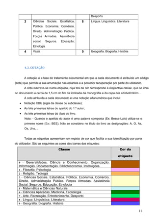 11
Desporto
3 Ciências Sociais. Estatística.
Política. Economia. Comércio.
Direito. Administração Pública.
Forças Armadas. Assistência
social. Seguros. Educação.
Etnologia
8 Língua. Linguística. Literatura
4 Vazia 9 Geografia. Biografia. História
4.3. COTAÇÃO
A cotação é a fase do tratamento documental em que a cada documento é atribuído um código
(cota) que permite a sua arrumação nas estantes e a posterior recuperação por parte do utilizador.
A cota inscreve-se numa etiqueta, cuja tira de cor corresponde à respectiva classe, que se cola
no documento a cerca de 1,5 cm do fim da lombada da monografia e da capa dos cd/dvd/cdrom…
A cota atribuída a cada documento é uma notação alfanumérica que inclui:
 Notação CDU (sigla da classe ou subclasse);
 As três primeiras letras do apelido do 1.º autor;
 As três primeiras letras do título do livro.
Nota: - Quando o apelido do autor é uma palavra composta (Ex: Bessa-Luís) utiliza-se o
primeiro nome (Ex:: BES); Não se considera no título do livro as designações: A, O, As,
Os, Uns, ..
Todas as etiquetas apresentam um registo de cor que facilita a sua identificação por parte
do utilizador. São as seguintes as cores das barras das etiquetas:
Classe Cor da
etiqueta
0 – Generalidades. Ciência e Conhecimento. Organização.
Informação. Documentação. Biblioteconomia. Instituições.
1 – Filosofia. Psicologia
2 – Religião. Teologia
3 – Ciências Sociais. Estatística. Política. Economia. Comércio.
Direito. Administração Pública. Forças Armadas. Assistência
Social. Seguros. Educação. Etnologia
5 – Matemática e Ciências Naturais
6 – Ciências Aplicadas. Medicina. Tecnologia
7 – Arte. Recreação. Entretenimento. Desporto
8 – Língua. Linguística. Literatura
9 – Geografia. Biografia. História
 