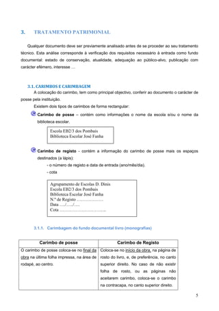 5
3. TRATAMENTO PATRIMONIAL
Qualquer documento deve ser previamente analisado antes de se proceder ao seu tratamento
técnico. Esta análise corresponde à verificação dos requisitos necessário à entrada como fundo
documental: estado de conservação, atualidade, adequação ao público-alvo, publicação com
carácter efémero, interesse …
3.1. CARIMBOS E CARIMBAGEM
A colocação do carimbo, tem como principal objectivo, conferir ao documento o carácter de
posse pela instituição.
Existem dois tipos de carimbos de forma rectangular:
Carimbo de posse – contém como informações o nome da escola e/ou o nome da
biblioteca escolar.
Carimbo de registo - contém a informação do carimbo de posse mais os espaços
destinados (a lápis):
- o número de registo e data de entrada (ano/mês/dia).
- cota
3.1.1. Carimbagem do fundo documental livro (monografias)
Carimbo de posse Carimbo de Registo
O carimbo de posse coloca-se no final da
obra na última folha impressa, na área de
rodapé, ao centro.
Coloca-se no início da obra, na página de
rosto do livro, e, de preferência, no canto
superior direito. No caso de não existir
folha de rosto, ou as páginas não
aceitarem carimbo, coloca-se o carimbo
na contracapa, no canto superior direito.
Escola EB2/3 dos Pombais
Biblioteca Escolar José Fanha
Agrupamento de Escolas D. Dinis
Escola EB2/3 dos Pombais
Biblioteca Escolar José Fanha
N.º de Registo ………………
Data …./…../….
Cota …………………………..
 
