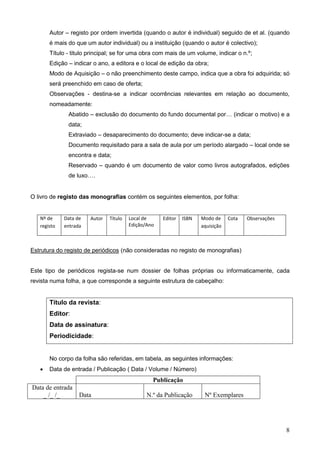 8
Autor – registo por ordem invertida (quando o autor é individual) seguido de et al. (quando
é mais do que um autor individual) ou a instituição (quando o autor é colectivo);
Título - titulo principal; se for uma obra com mais de um volume, indicar o n.º;
Edição – indicar o ano, a editora e o local de edição da obra;
Modo de Aquisição – o não preenchimento deste campo, indica que a obra foi adquirida; só
será preenchido em caso de oferta;
Observações - destina-se a indicar ocorrências relevantes em relação ao documento,
nomeadamente:
Abatido – exclusão do documento do fundo documental por… (indicar o motivo) e a
data;
Extraviado – desaparecimento do documento; deve indicar-se a data;
Documento requisitado para a sala de aula por um período alargado – local onde se
encontra e data;
Reservado – quando é um documento de valor como livros autografados, edições
de luxo….
O livro de registo das monografias contém os seguintes elementos, por folha:
Nº de
registo
Data de
entrada
Autor Título Local de
Edição/Ano
Editor ISBN Modo de
aquisição
Cota Observações
Estrutura do registo de periódicos (não consideradas no registo de monografias)
Este tipo de periódicos regista-se num dossier de folhas próprias ou informaticamente, cada
revista numa folha, a que corresponde a seguinte estrutura de cabeçalho:
Título da revista:
Editor:
Data de assinatura:
Periodicidade:
No corpo da folha são referidas, em tabela, as seguintes informações:
 Data de entrada / Publicação ( Data / Volume / Número)
Publicação
Data de entrada
_ /_ /_ Data N.º da Publicação Nº Exemplares
 