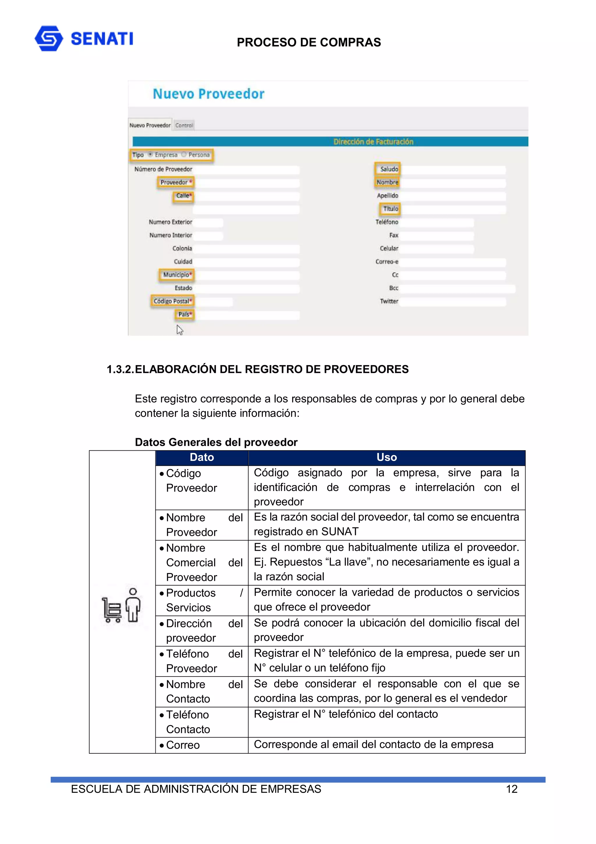 PROCESO DE COMPRAS
ESCUELA DE ADMINISTRACIÓN DE EMPRESAS 12
1.3.2.ELABORACIÓN DEL REGISTRO DE PROVEEDORES
Este registro corresponde a los responsables de compras y por lo general debe
contener la siguiente información:
Datos Generales del proveedor
Dato Uso
 Código
Proveedor
Código asignado por la empresa, sirve para la
identificación de compras e interrelación con el
proveedor
 Nombre del
Proveedor
Es la razón social del proveedor, tal como se encuentra
registrado en SUNAT
 Nombre
Comercial del
Proveedor
Es el nombre que habitualmente utiliza el proveedor.
Ej. Repuestos “La llave”, no necesariamente es igual a
la razón social
 Productos /
Servicios
Permite conocer la variedad de productos o servicios
que ofrece el proveedor
 Dirección del
proveedor
Se podrá conocer la ubicación del domicilio fiscal del
proveedor
 Teléfono del
Proveedor
Registrar el N° telefónico de la empresa, puede ser un
N° celular o un teléfono fijo
 Nombre del
Contacto
Se debe considerar el responsable con el que se
coordina las compras, por lo general es el vendedor
 Teléfono
Contacto
Registrar el N° telefónico del contacto
 Correo Corresponde al email del contacto de la empresa
 