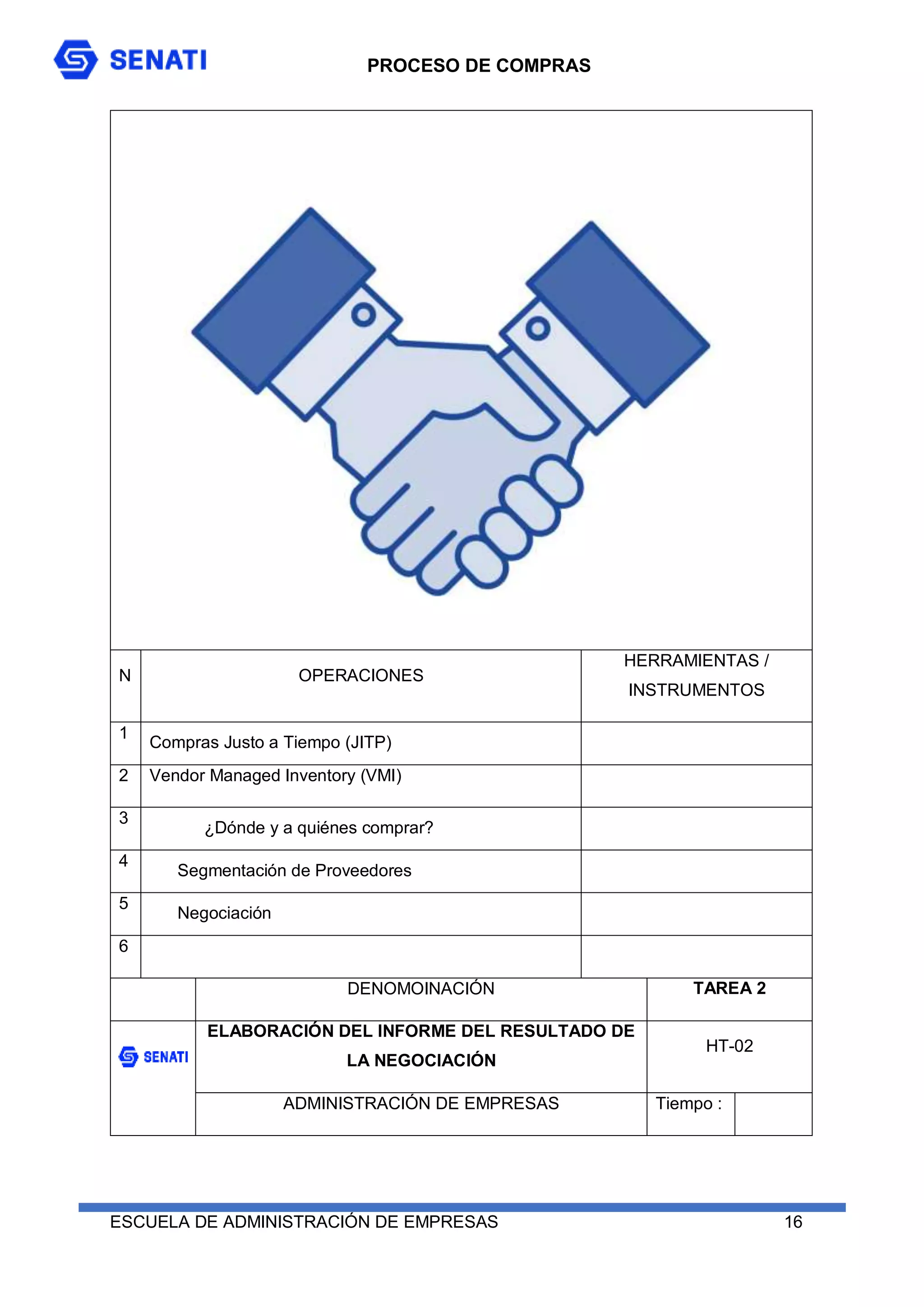 PROCESO DE COMPRAS
ESCUELA DE ADMINISTRACIÓN DE EMPRESAS 16
N OPERACIONES
HERRAMIENTAS /
INSTRUMENTOS
1
Compras Justo a Tiempo (JITP)
2 Vendor Managed Inventory (VMI)
3
¿Dónde y a quiénes comprar?
4
Segmentación de Proveedores
5
Negociación
6
DENOMOINACIÓN TAREA 2
ELABORACIÓN DEL INFORME DEL RESULTADO DE
LA NEGOCIACIÓN
HT-02
ADMINISTRACIÓN DE EMPRESAS Tiempo :
 