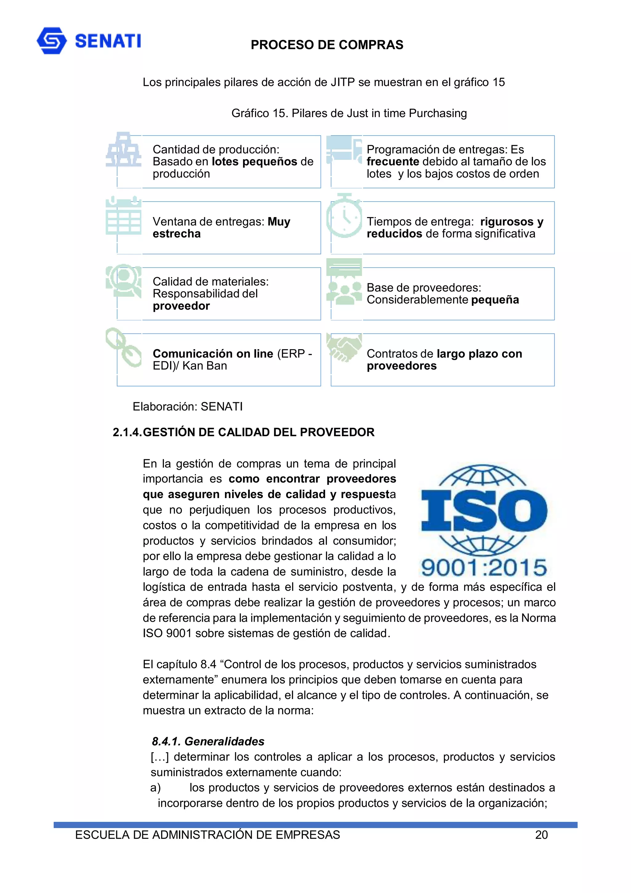 PROCESO DE COMPRAS
ESCUELA DE ADMINISTRACIÓN DE EMPRESAS 20
Los principales pilares de acción de JITP se muestran en el gráfico 15
Gráfico 15. Pilares de Just in time Purchasing
2.1.4.GESTIÓN DE CALIDAD DEL PROVEEDOR
En la gestión de compras un tema de principal
importancia es como encontrar proveedores
que aseguren niveles de calidad y respuesta
que no perjudiquen los procesos productivos,
costos o la competitividad de la empresa en los
productos y servicios brindados al consumidor;
por ello la empresa debe gestionar la calidad a lo
largo de toda la cadena de suministro, desde la
logística de entrada hasta el servicio postventa, y de forma más específica el
área de compras debe realizar la gestión de proveedores y procesos; un marco
de referencia para la implementación y seguimiento de proveedores, es la Norma
ISO 9001 sobre sistemas de gestión de calidad.
El capítulo 8.4 “Control de los procesos, productos y servicios suministrados
externamente” enumera los principios que deben tomarse en cuenta para
determinar la aplicabilidad, el alcance y el tipo de controles. A continuación, se
muestra un extracto de la norma:
8.4.1. Generalidades
[…] determinar los controles a aplicar a los procesos, productos y servicios
suministrados externamente cuando:
a) los productos y servicios de proveedores externos están destinados a
incorporarse dentro de los propios productos y servicios de la organización;
Cantidad de producción:
Basado en lotes pequeños de
producción
Programación de entregas: Es
frecuente debido al tamaño de los
lotes y los bajos costos de orden
Ventana de entregas: Muy
estrecha
Tiempos de entrega: rigurosos y
reducidos de forma significativa
Calidad de materiales:
Responsabilidad del
proveedor
Base de proveedores:
Considerablemente pequeña
Comunicación on line (ERP -
EDI)/ Kan Ban
Contratos de largo plazo con
proveedores
Elaboración: SENATI
 